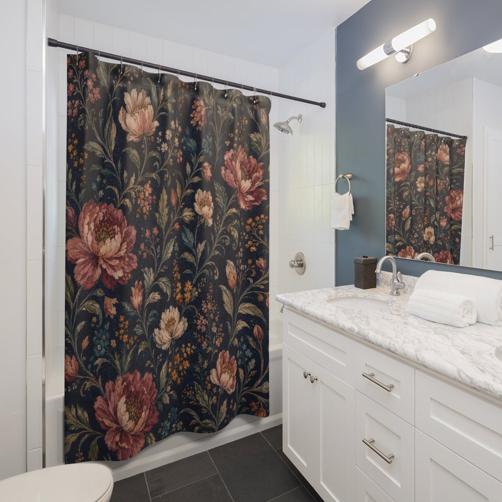 Navy Floral Cottage Cottagecore Orange Beige Shower Curtain