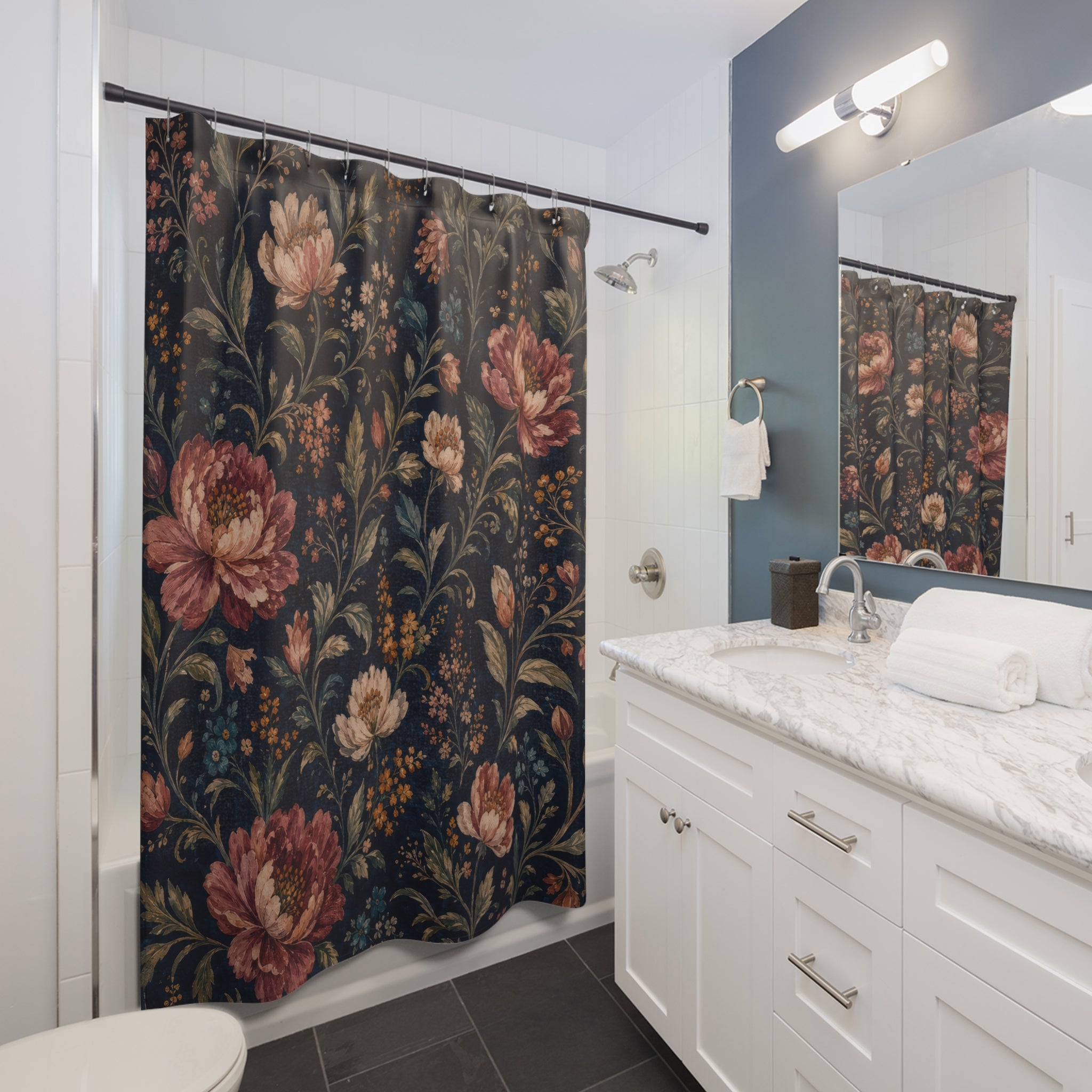 Navy Floral Cottage Cottagecore Orange Beige Shower Curtain
