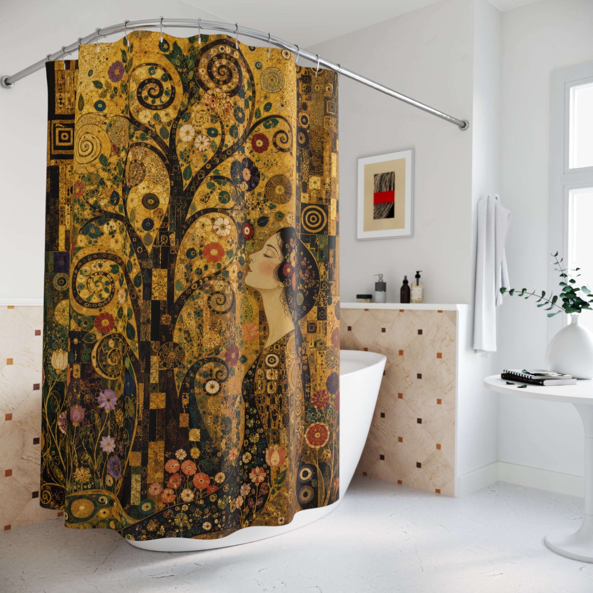 Klimt Inspired Shower Curtain: Gold Tree Life Nouveau