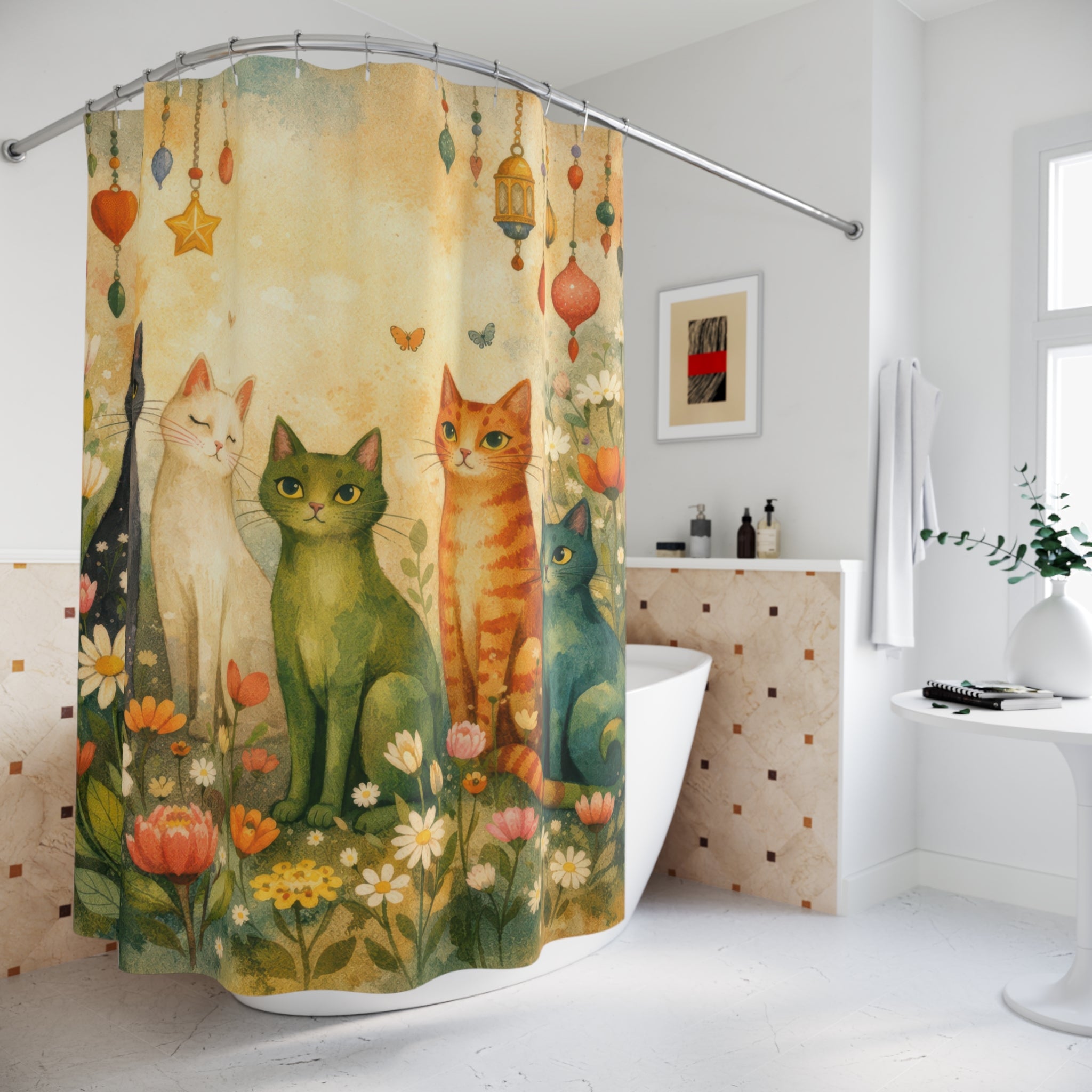 Whimsical Cat Shower Curtain – Cottagecore Floral