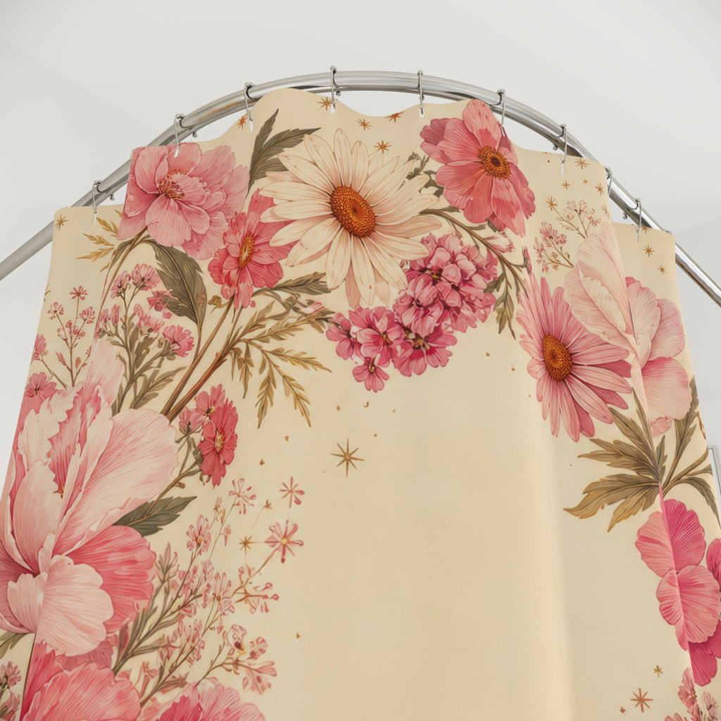 Pink peonies in a celestial floral orbit shower curtain with close-up print, hooks, and folds