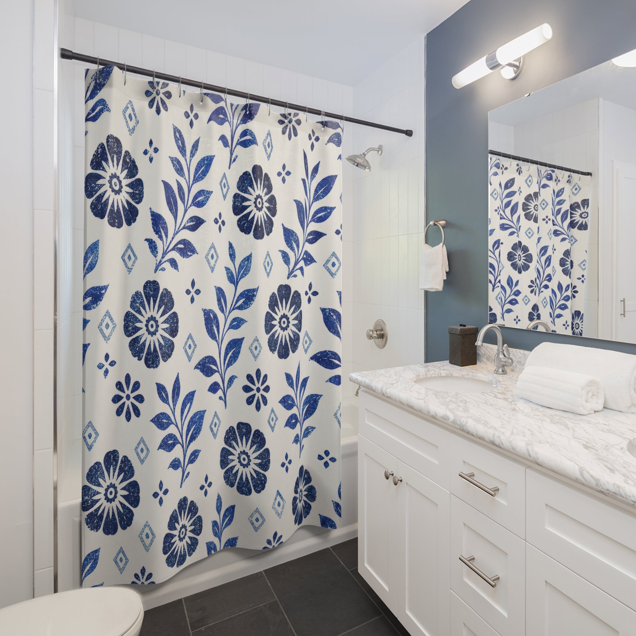 Blue Folk Floral Shower Curtain