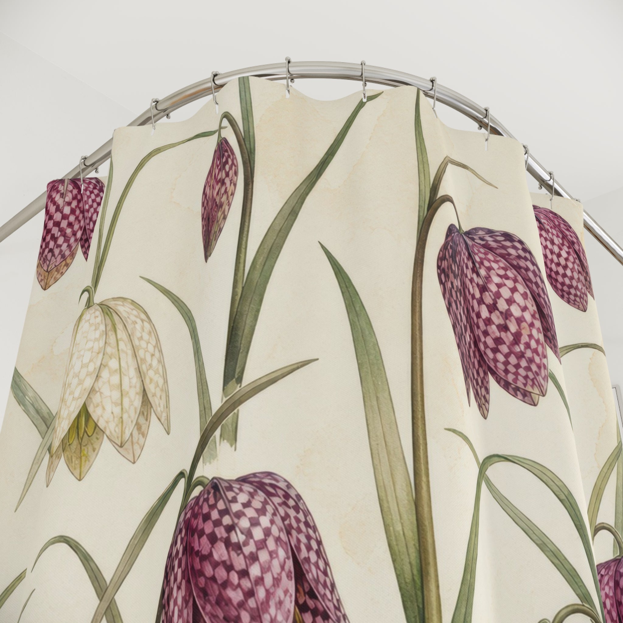Checkered Purple Bell Flower Botanical Floral Shower Curtain