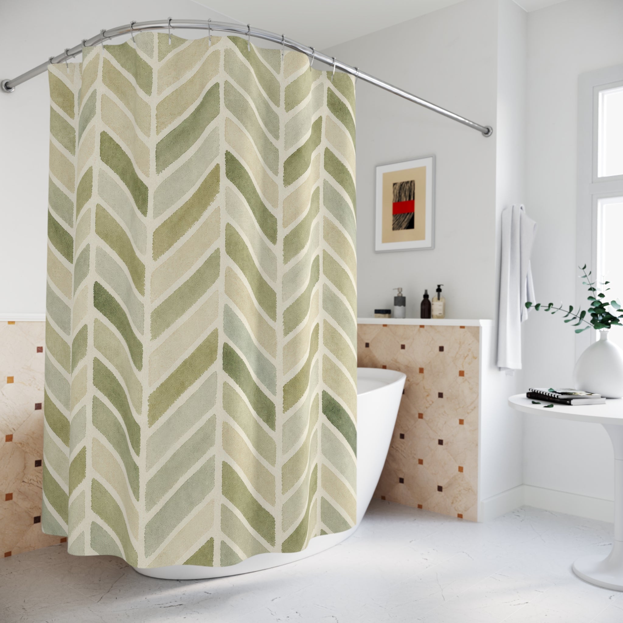 Moss Cream Chevron Shower Curtain