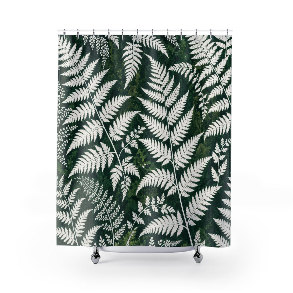Dark Green White Botanical Leaf Shower Curtain
