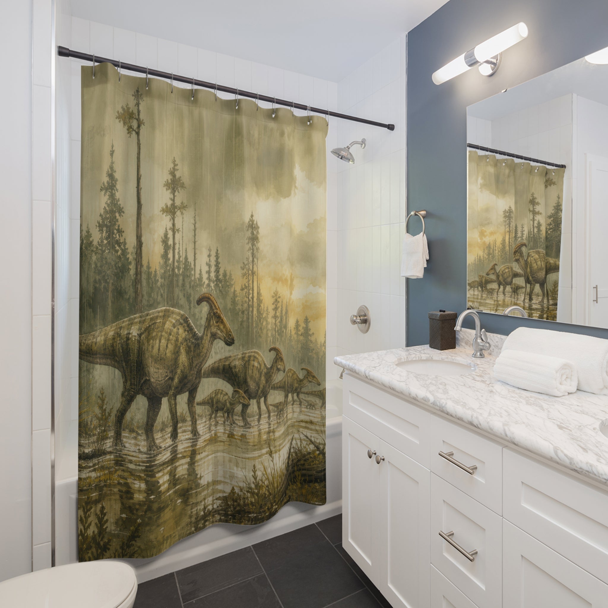 Hadrosaur herd crossing a misty forest marsh shower curtain installed beside a white vanity