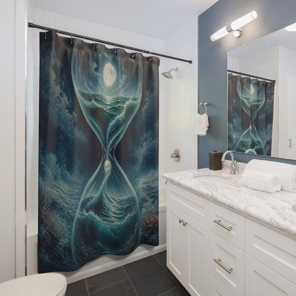 Moonlit ocean inside a glass hourglass shower curtain beside a white vanity