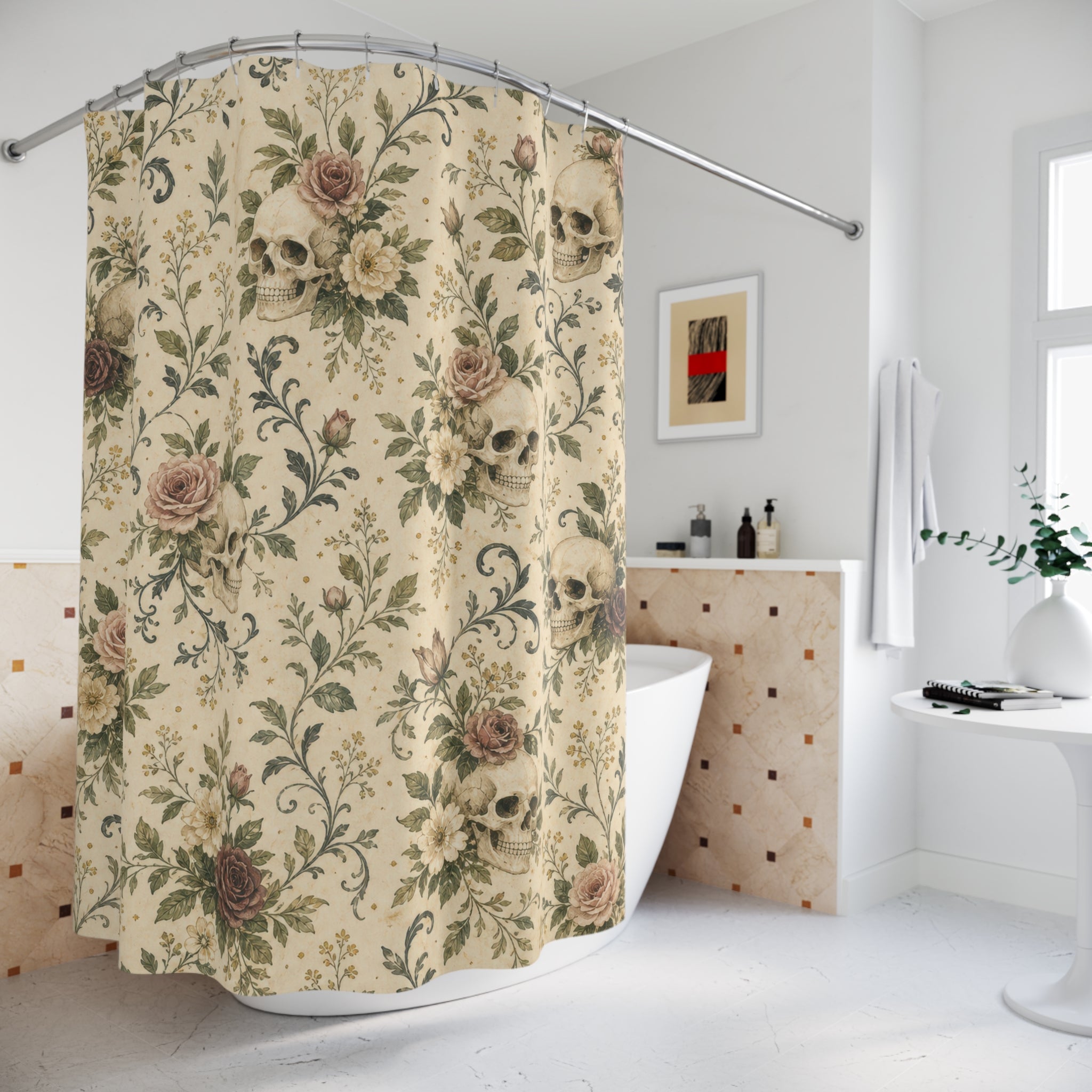 Skull Rose Gothic Floral Shower Curtain