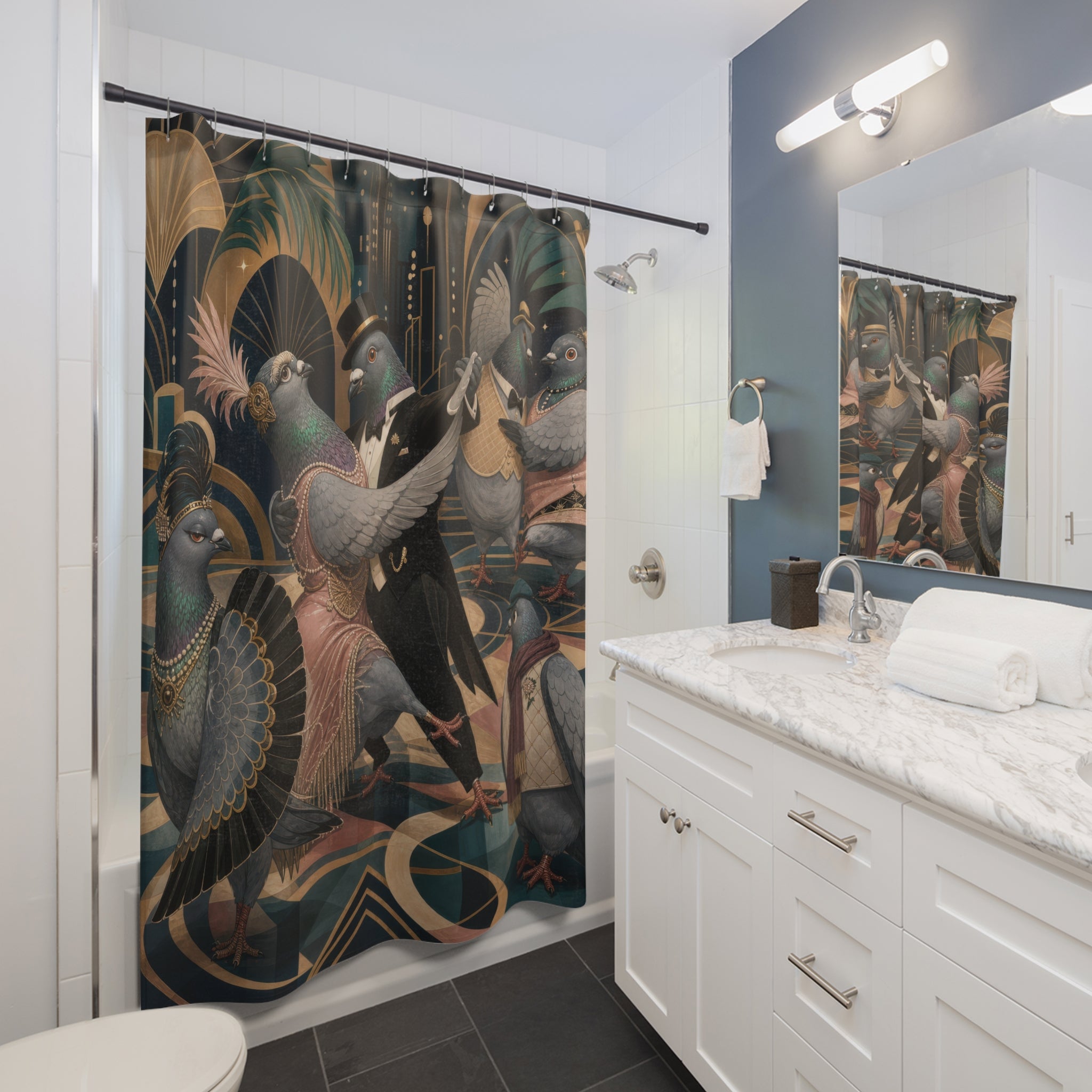 Black Gold Art Deco Dancing Pigeons Shower Curtain