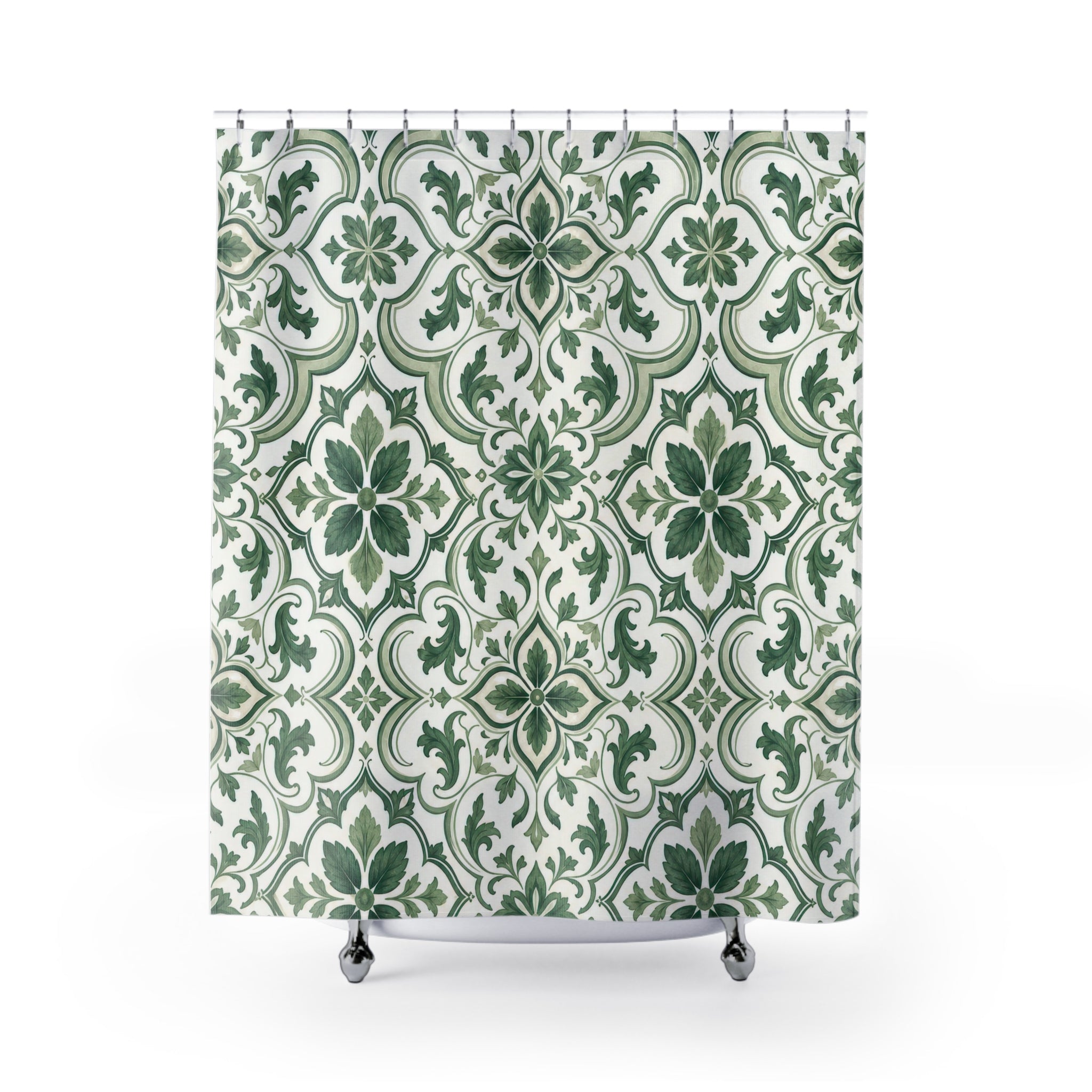 Green White Floral Medallion Shower Curtain