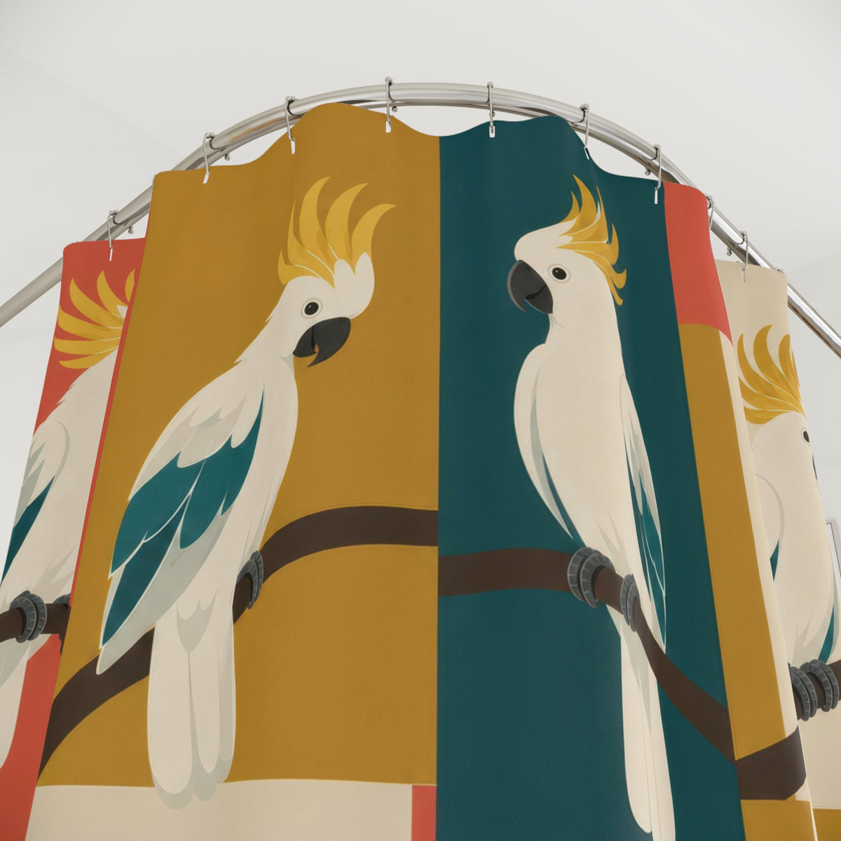 Cream cockatoos on coral, teal and ochre color blocks shower curtain with close-up print, hooks, and folds