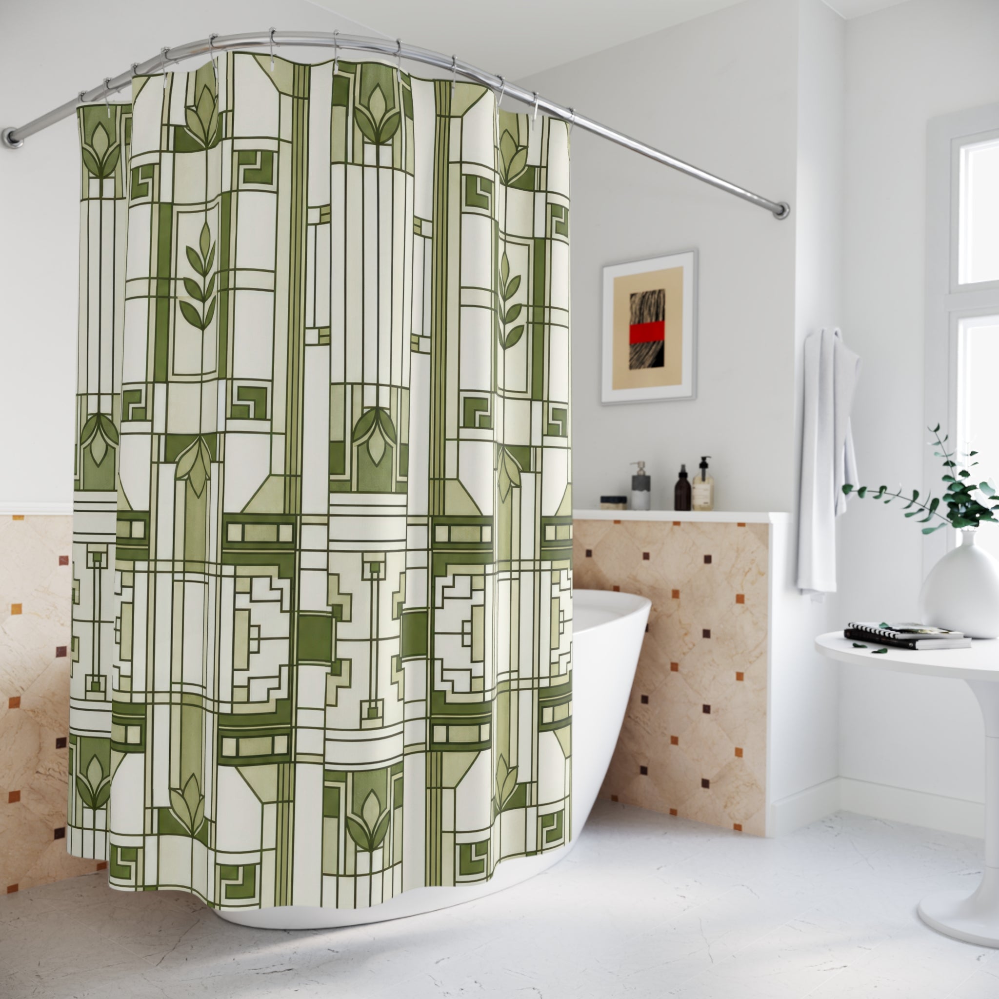 Green White Geometric Panel Shower Curtain