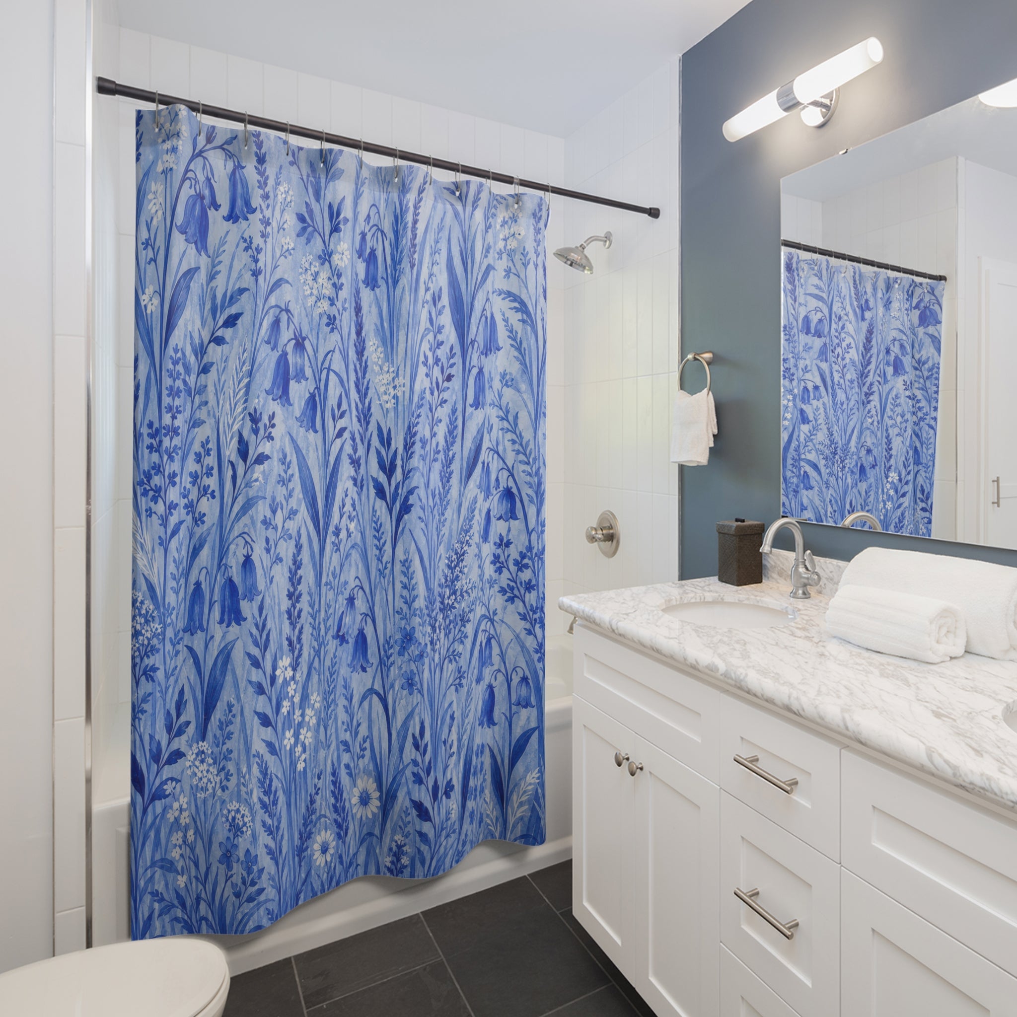 Blue Grass Botanical Shower Curtain, Blue White Nature Bathroom Decor, Botanical Meadow Bath Curtain, Guest Bath Decor, Small Bathroom Decor