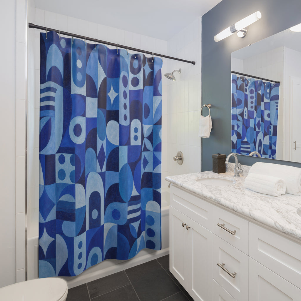 Blue Geometric Shower Curtain, Cobalt Blue Modern Bathroom Decor, Geometric Pattern Bath Curtain, Guest Bath Decor, Small Bathroom Decor