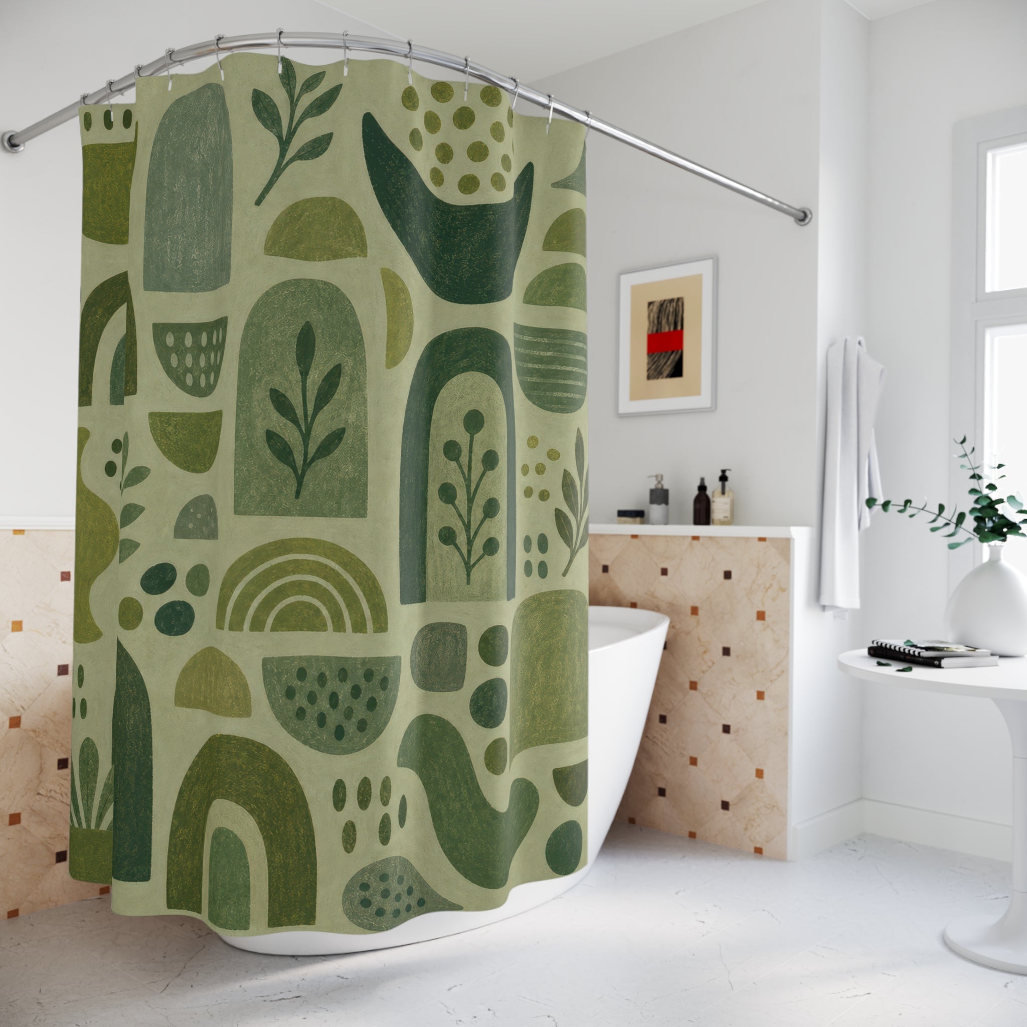 Sage Green Shower Curtain, Abstract Botanical Bath Decor, Arch Leaf Pattern, Modern Boho Guest Bathroom Decor, Earthy Green Style