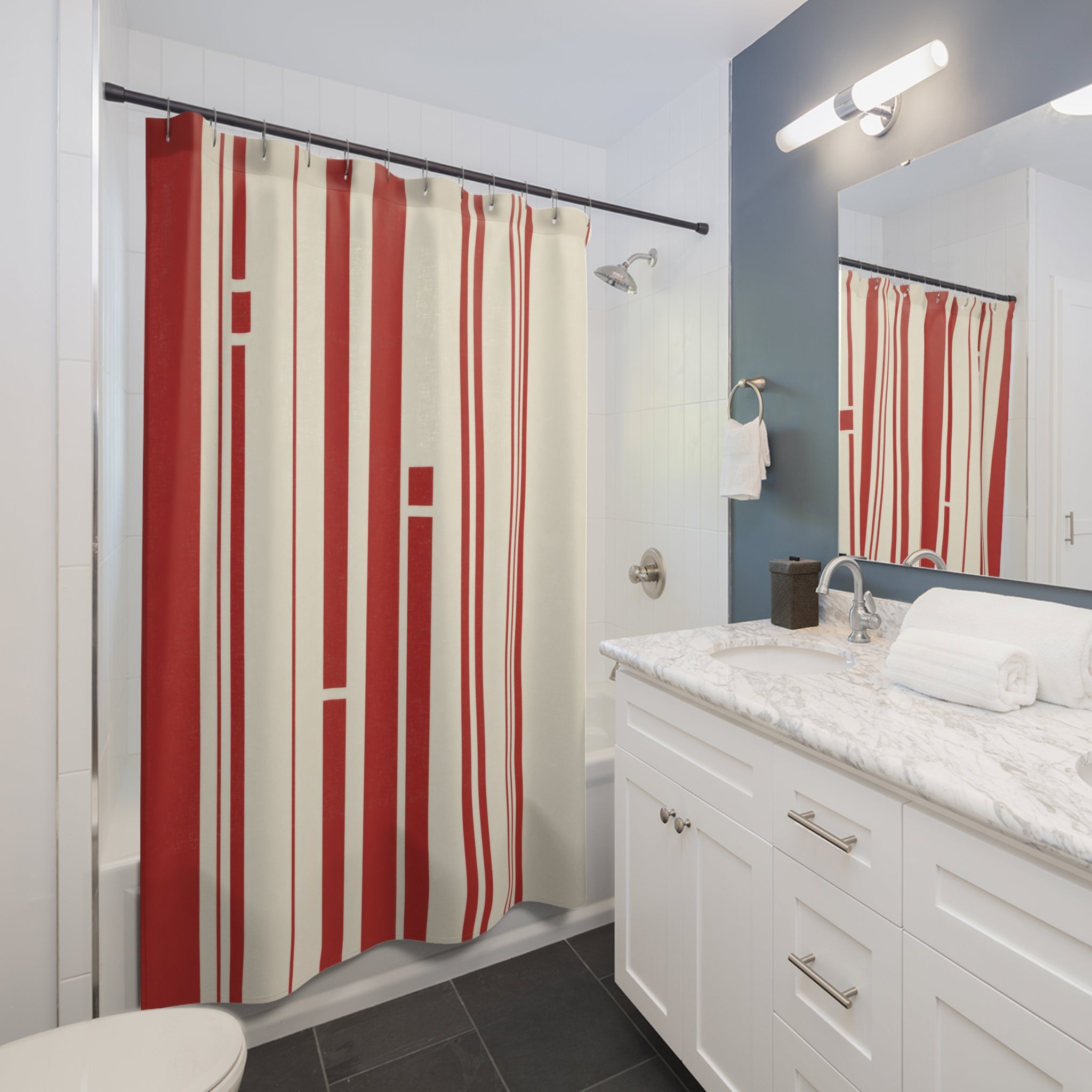 Red and White Bauhaus Stripe Shower Curtain: Modern Geometric