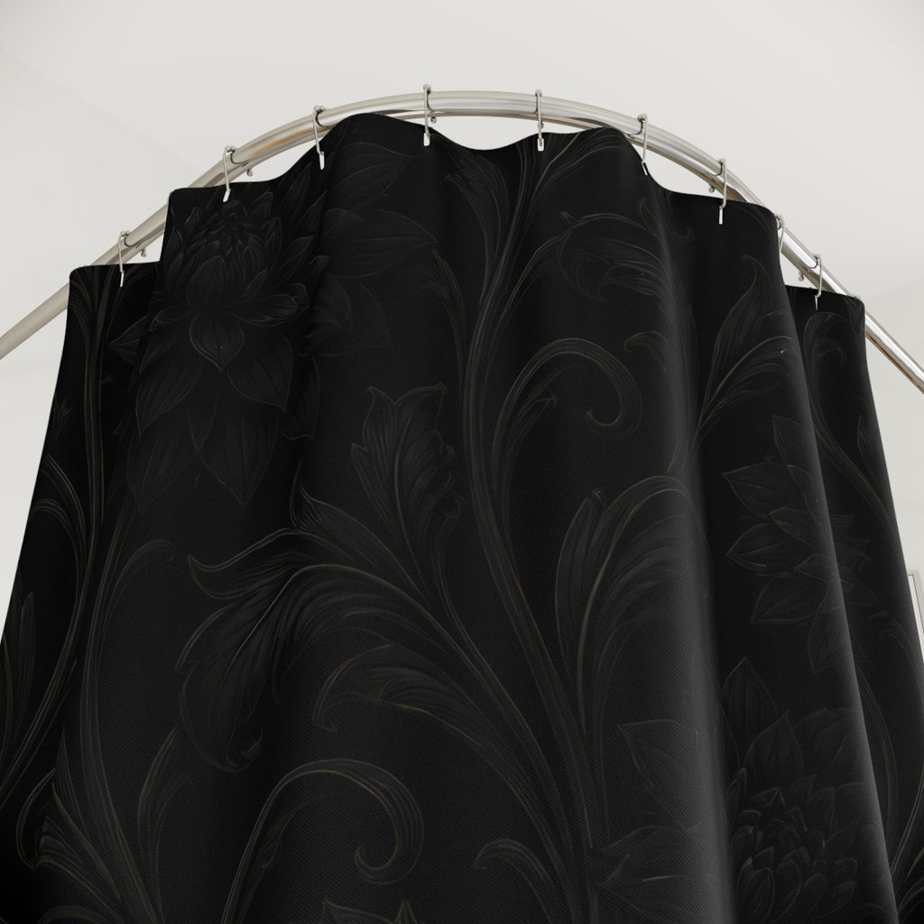 Close-up of Black dahlias and acanthus leaves in a tone-on-tone pattern shower curtain with hooks and folds