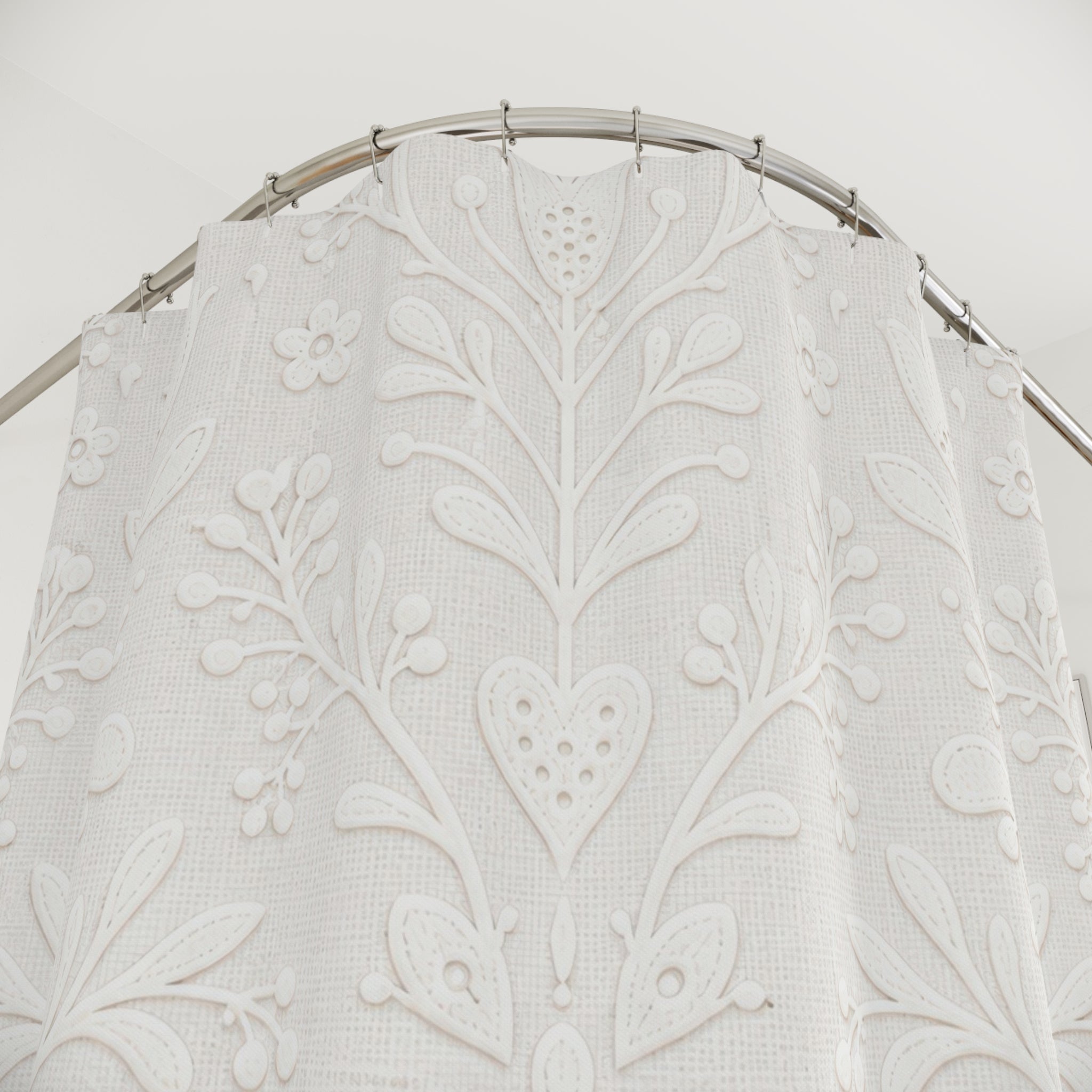 White Scandinavian Folk Floral Shower Curtain
