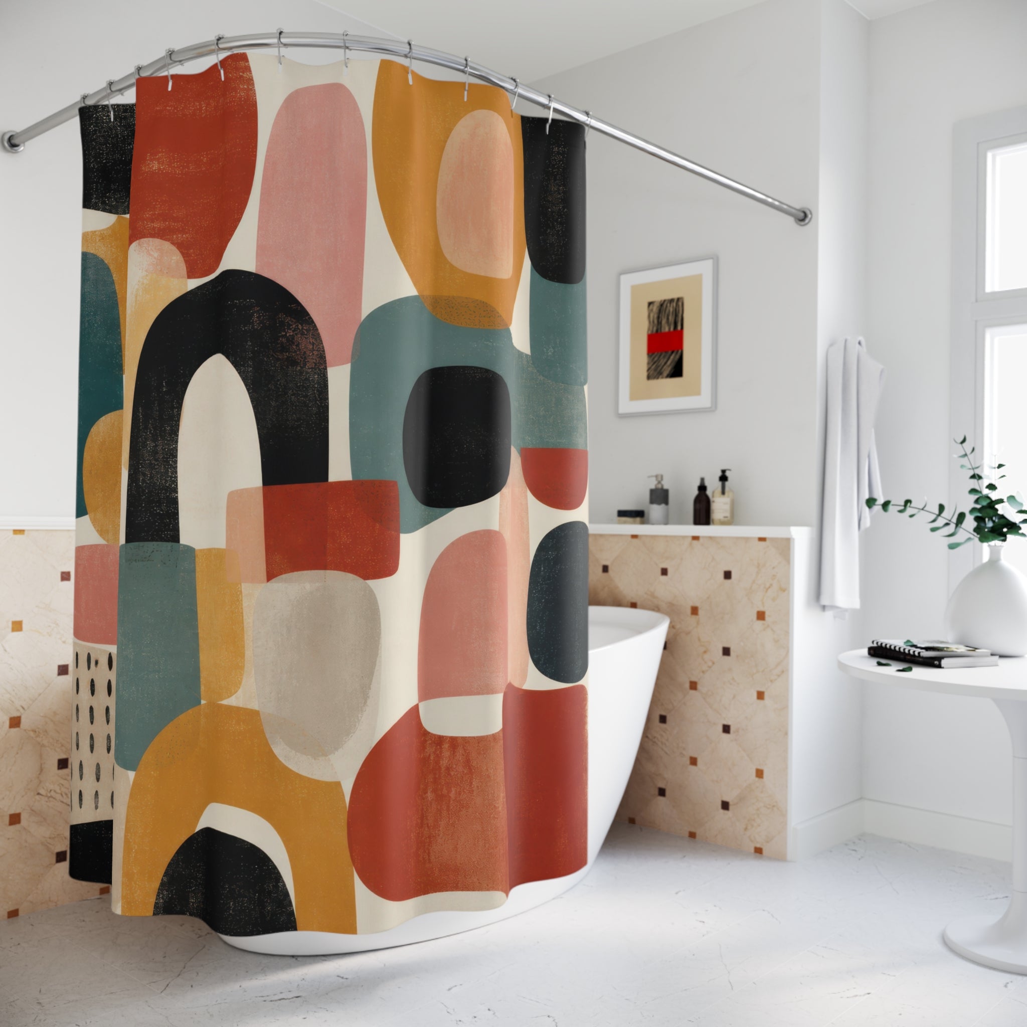Mid Century Geometric Block Abstract Shower Curtain