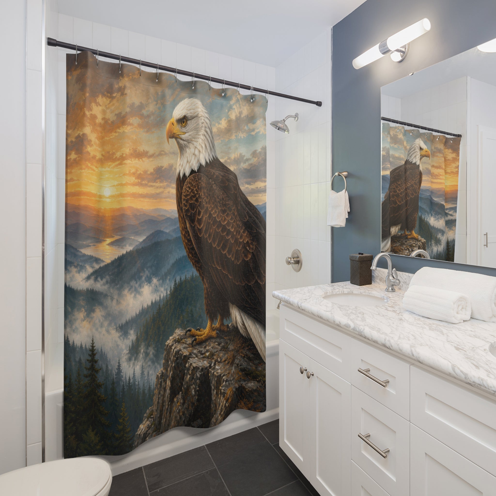 Bald eagle standing on a mountain cliff at sunrise shower curtain beside a white vanity