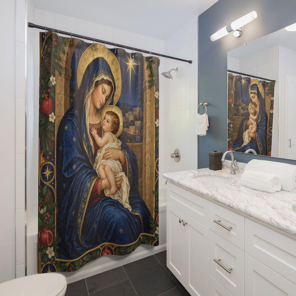 Virgin Mary and child beneath the Bethlehem star shower curtain beside a white vanity