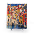 Coral and yellow hillside houses above a blue harbor shower curtain with full front view