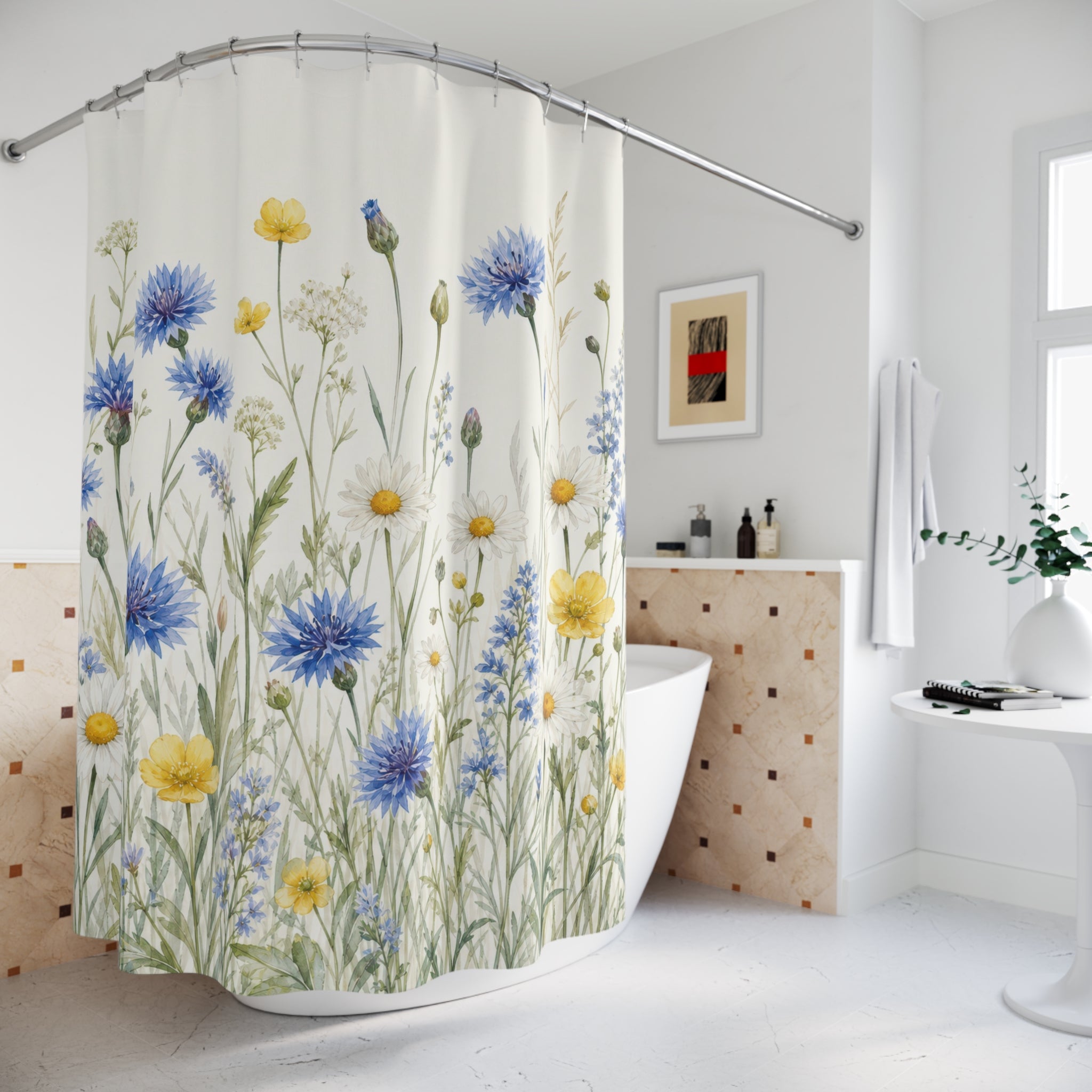 Blue Cornflower Daisy Watercolor Shower Curtain