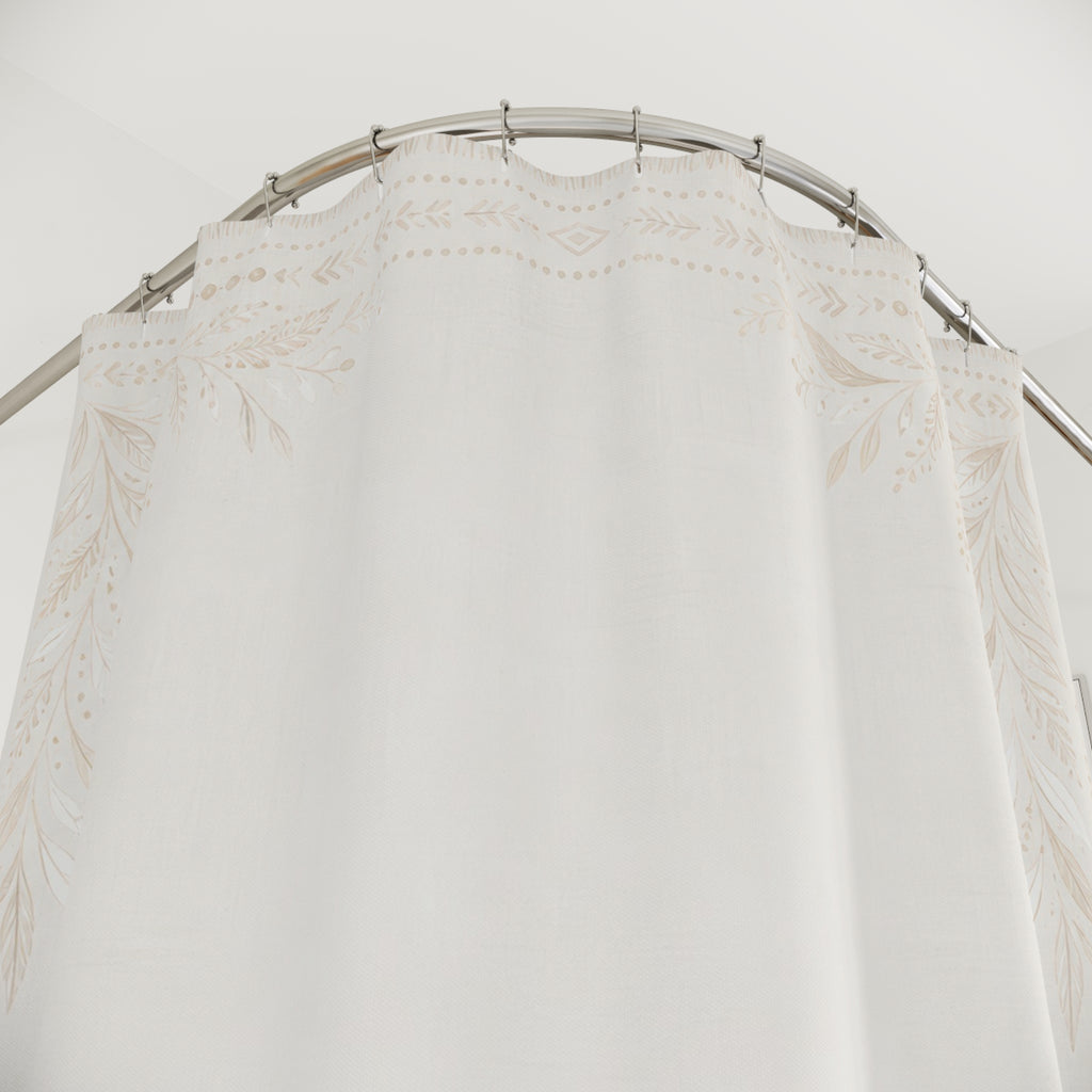 White Boho Shower Curtain, Botanical Border Bath Decor, Ivory Frame Pattern, Cream Guest Bathroom Decor, Soft Decorative Style Decor