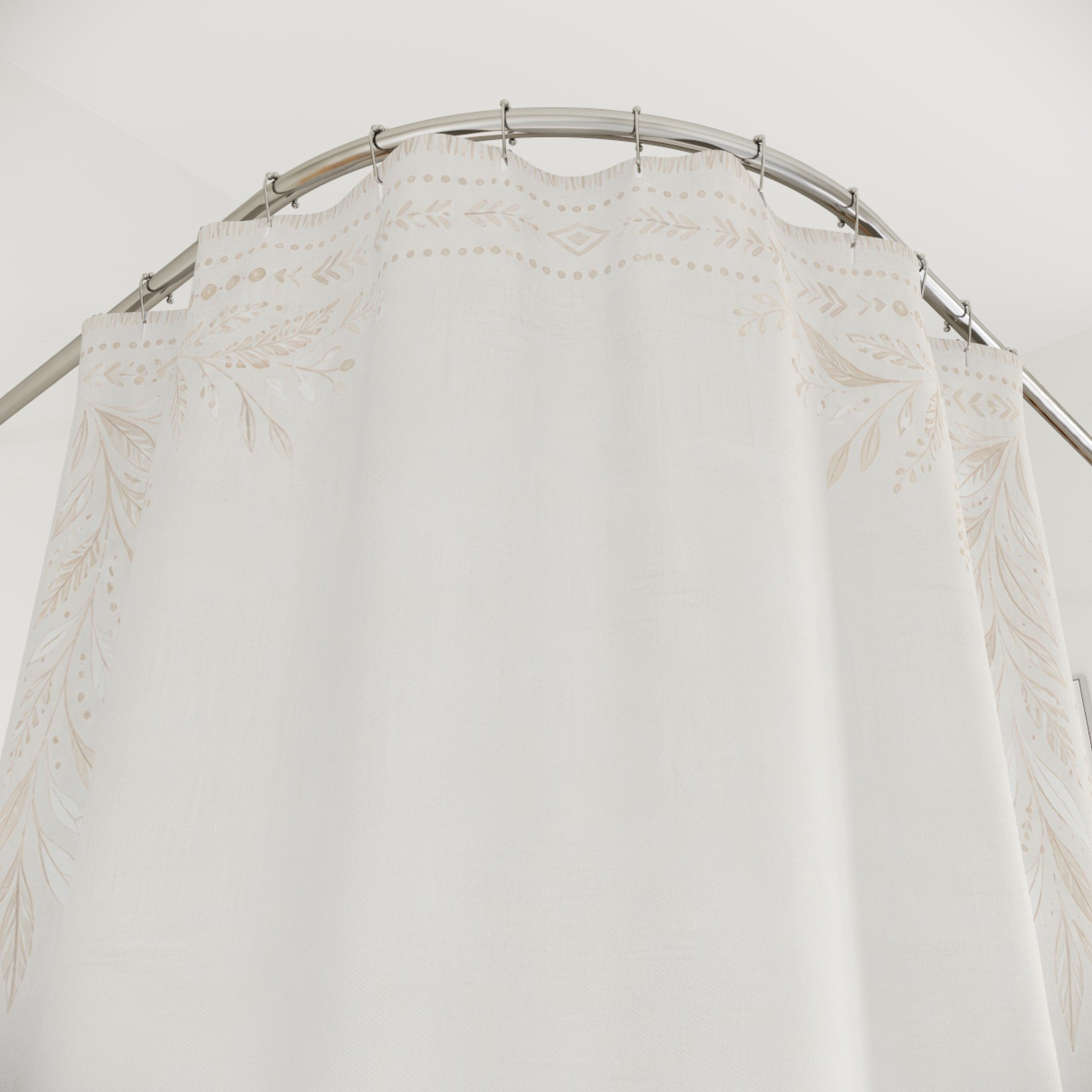 White Boho Shower Curtain, Botanical Border Bath Decor, Ivory Frame Pattern, Cream Guest Bathroom Decor, Soft Decorative Style Decor
