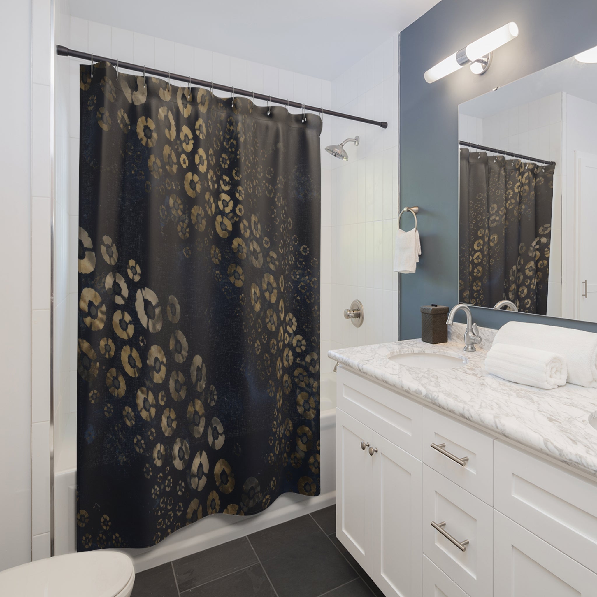 Midnight Blue Leopard Rosette Shower Curtain