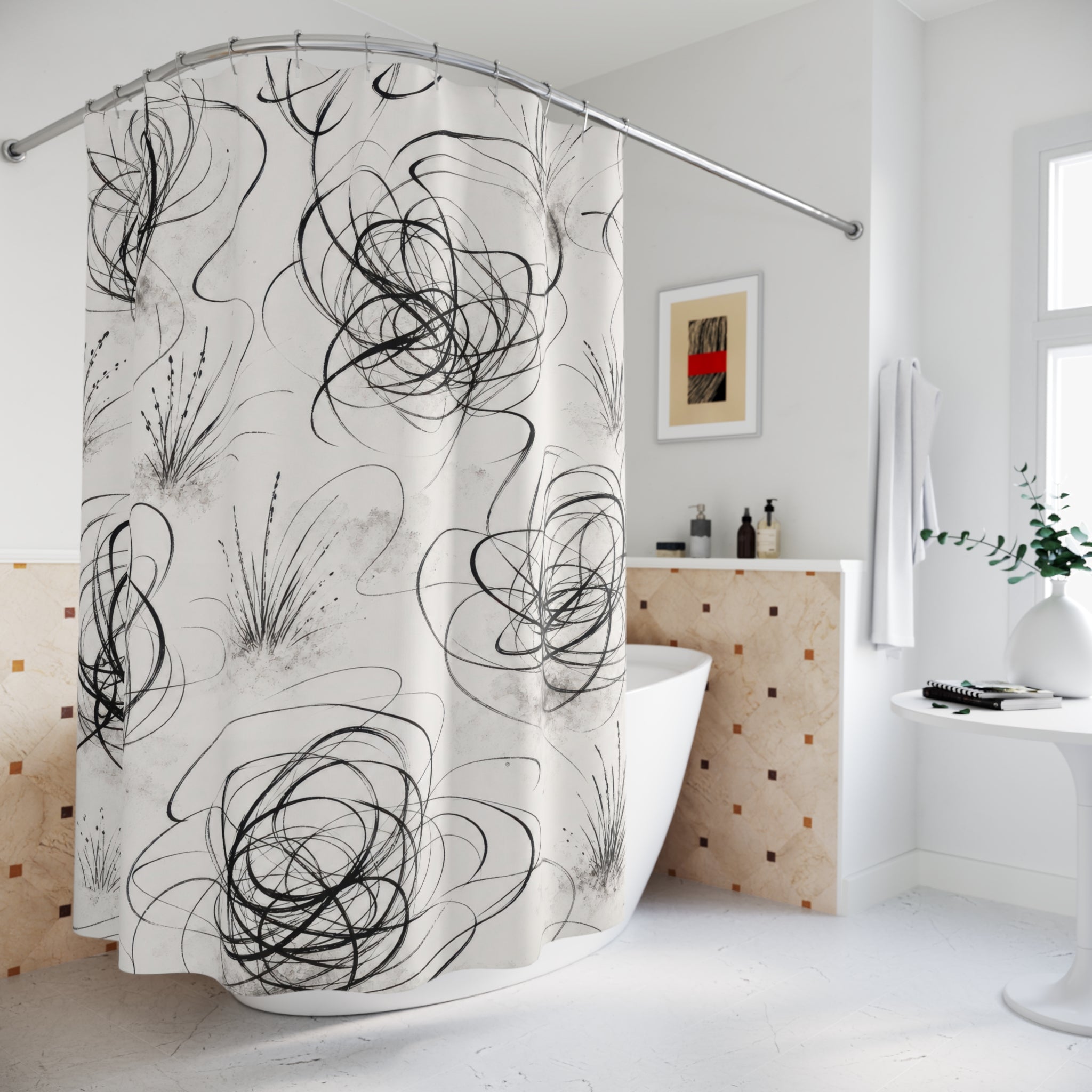 Black White Floral Shower Curtain