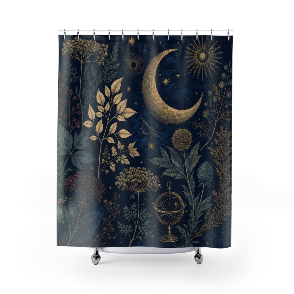 Antique Celestial Herbarium Navy Blue Shower Curtain