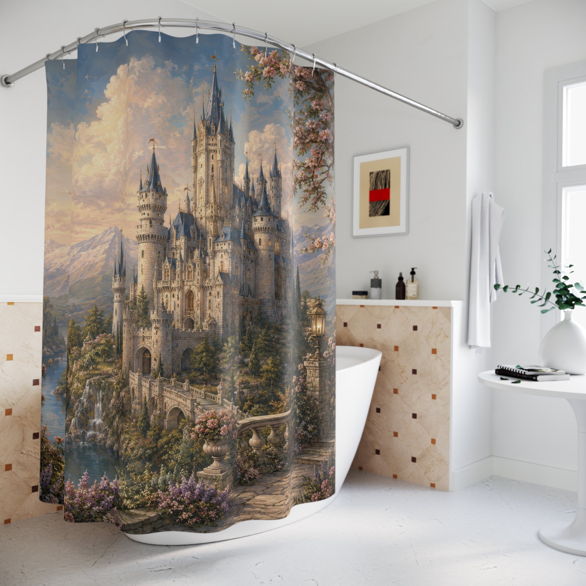 Castle Shower Curtain: Fairy Tale Mountain Lake