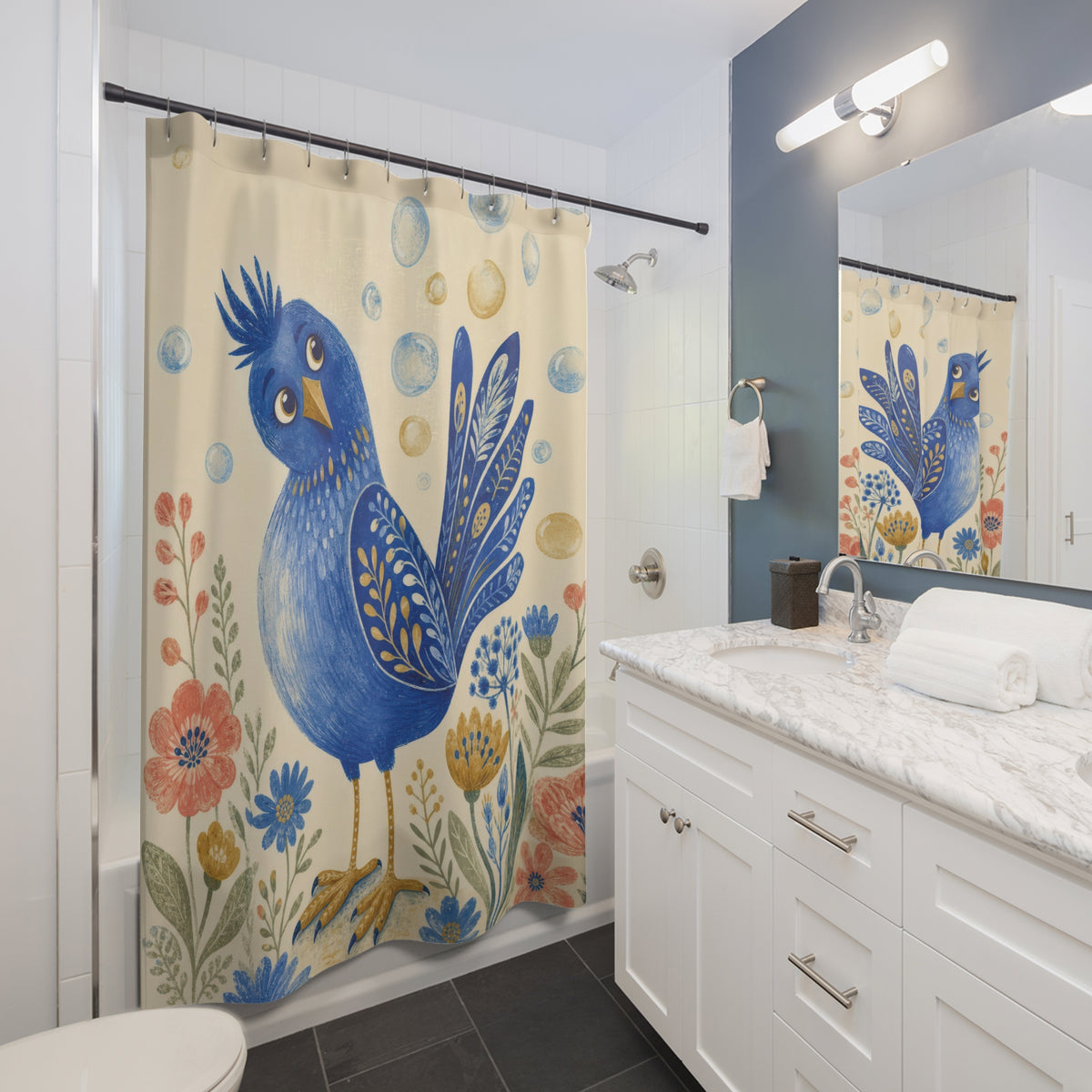 Funny Blue Bird Whimsical Bathroom Decor Floral Bath Curtain shower curtain beside a freestanding tub