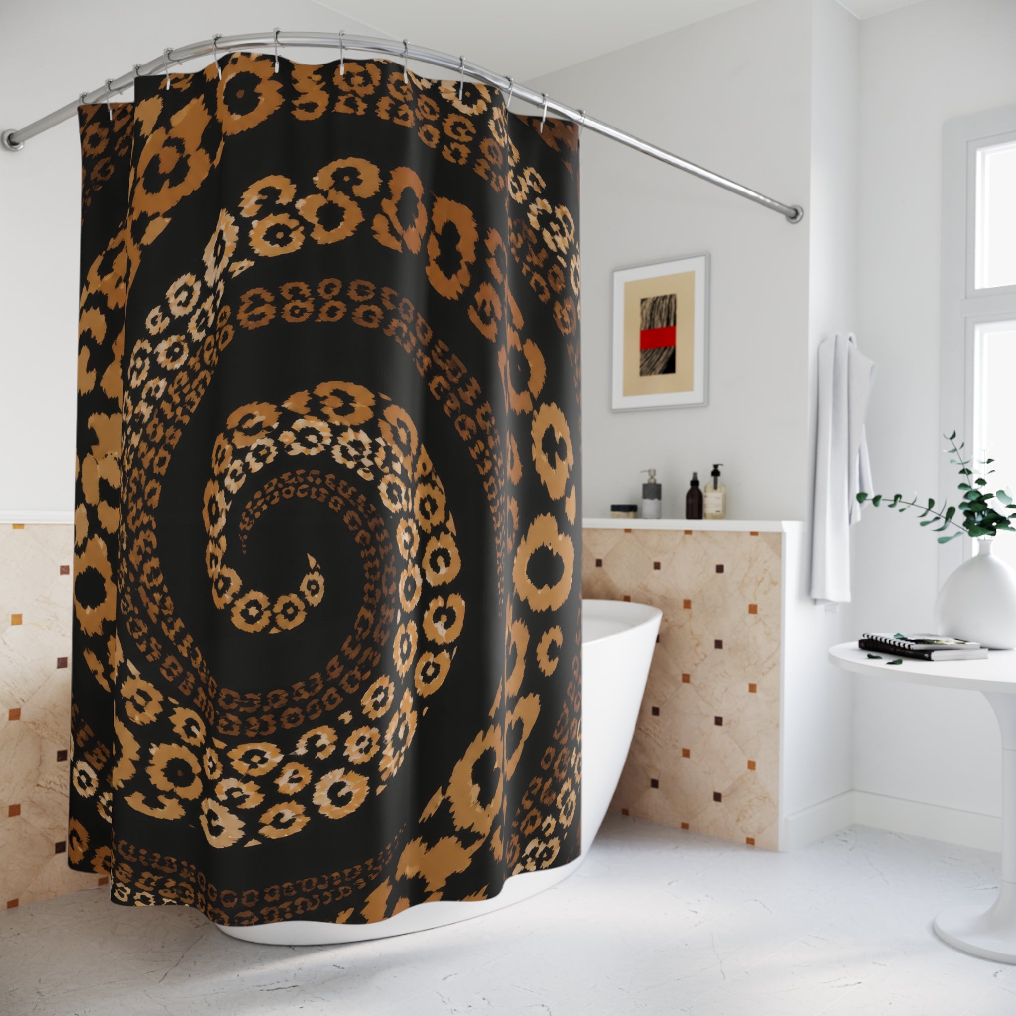 Black Caramel Leopard Orbit Shower Curtain