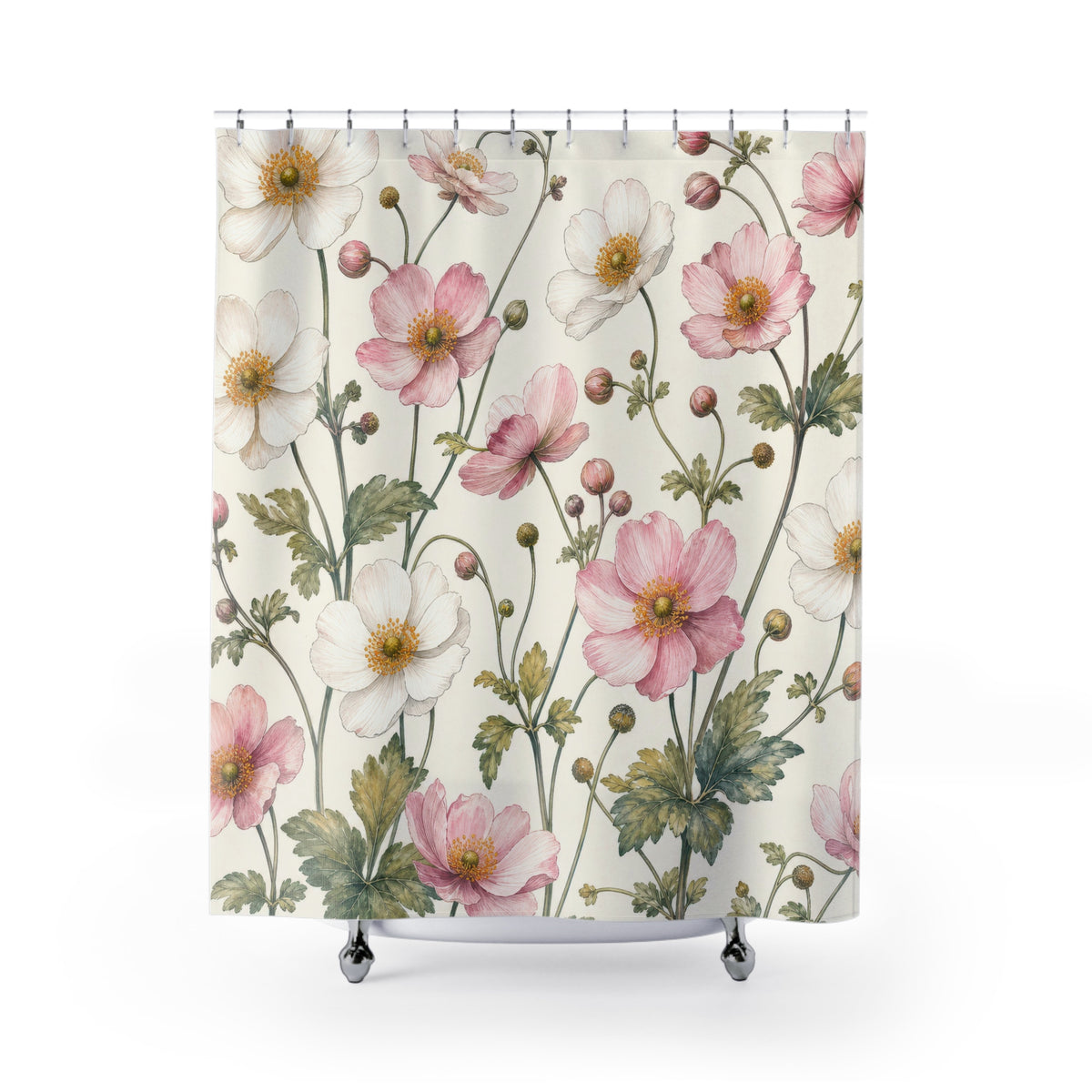 Pink White Anemone Botanical flower shower curtain with full front view
