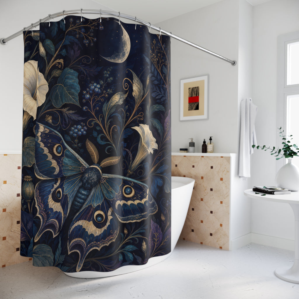 Midnight Moth Garden Navy Blue Shower Curtain