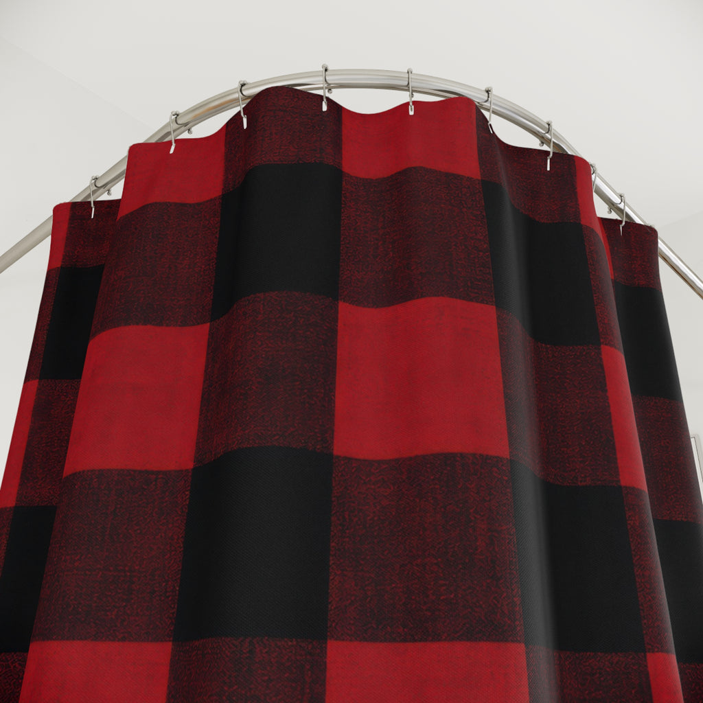 Buffalo Check Shower Curtain, Red Black Plaid Pattern, Rustic Farmhouse Bathroom Decor, Lodge Guest Bath Country Cabin Style