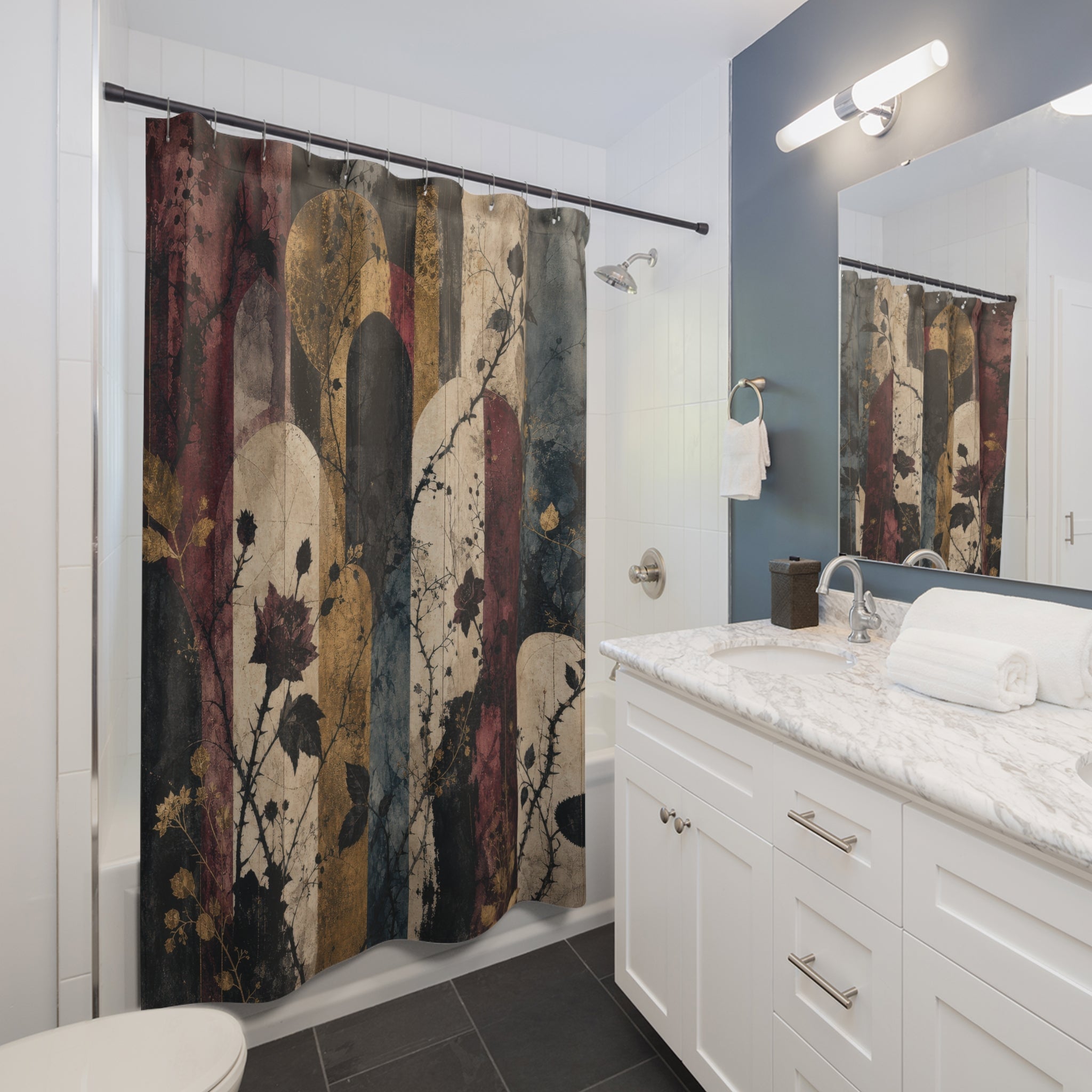 Burgundy Gold Art Deco Floral Shower Curtain