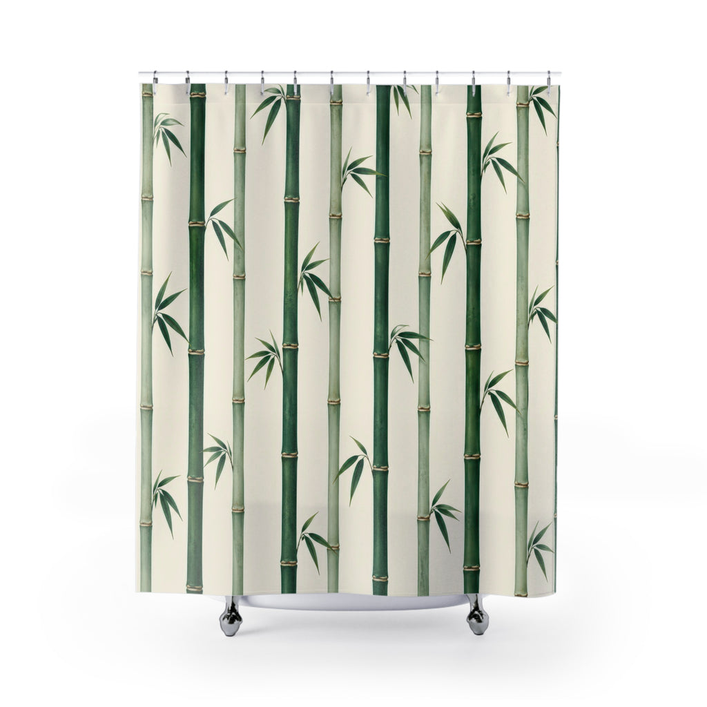 Green bamboo canes and small leaf fans on ivory shower curtain with full front view