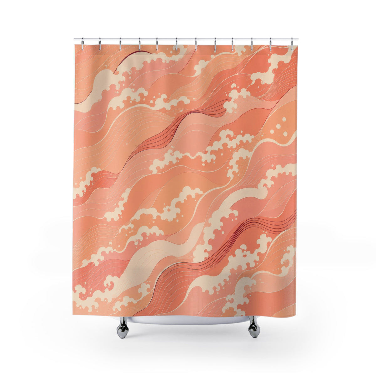 Peachy coral waves with cream foam shower curtain with full front view
