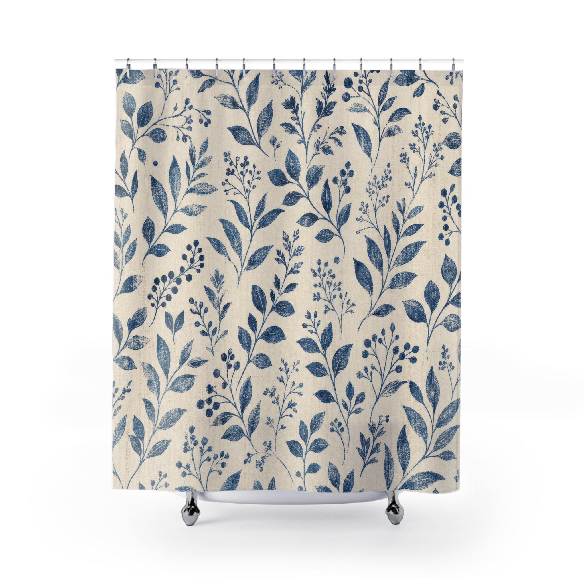 Navy Botanical Leaf Shower Curtain