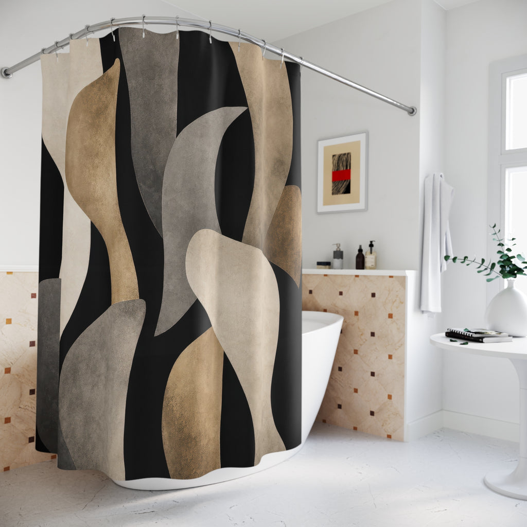 Black Abstract Shower Curtain, Cream Sculptural Shape Bath Decor, Modern Neutral Pattern, Beige Black Bathroom Decor, Organic Art Style