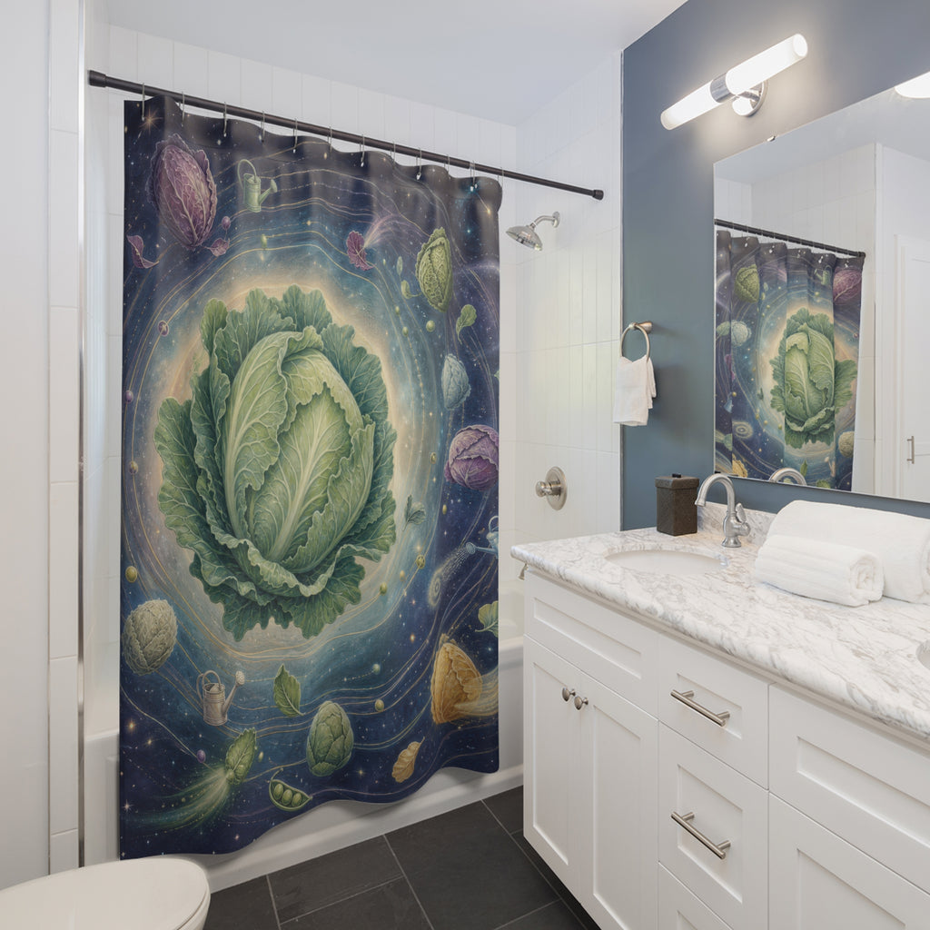 Whimsical cabbage planetarium with orbiting vegetables shower curtain beside a white vanity