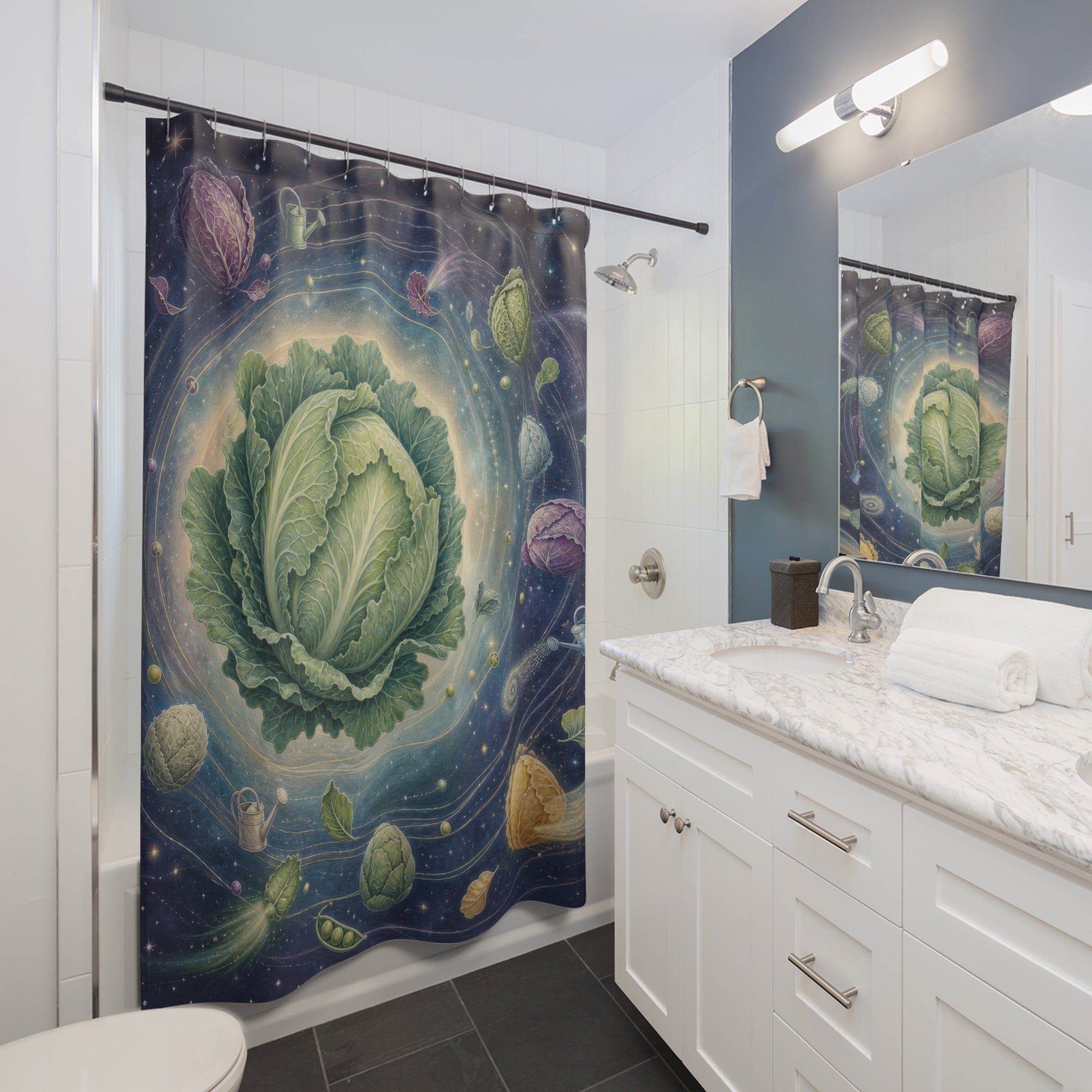 Whimsical cabbage planetarium with orbiting vegetables shower curtain beside a white vanity