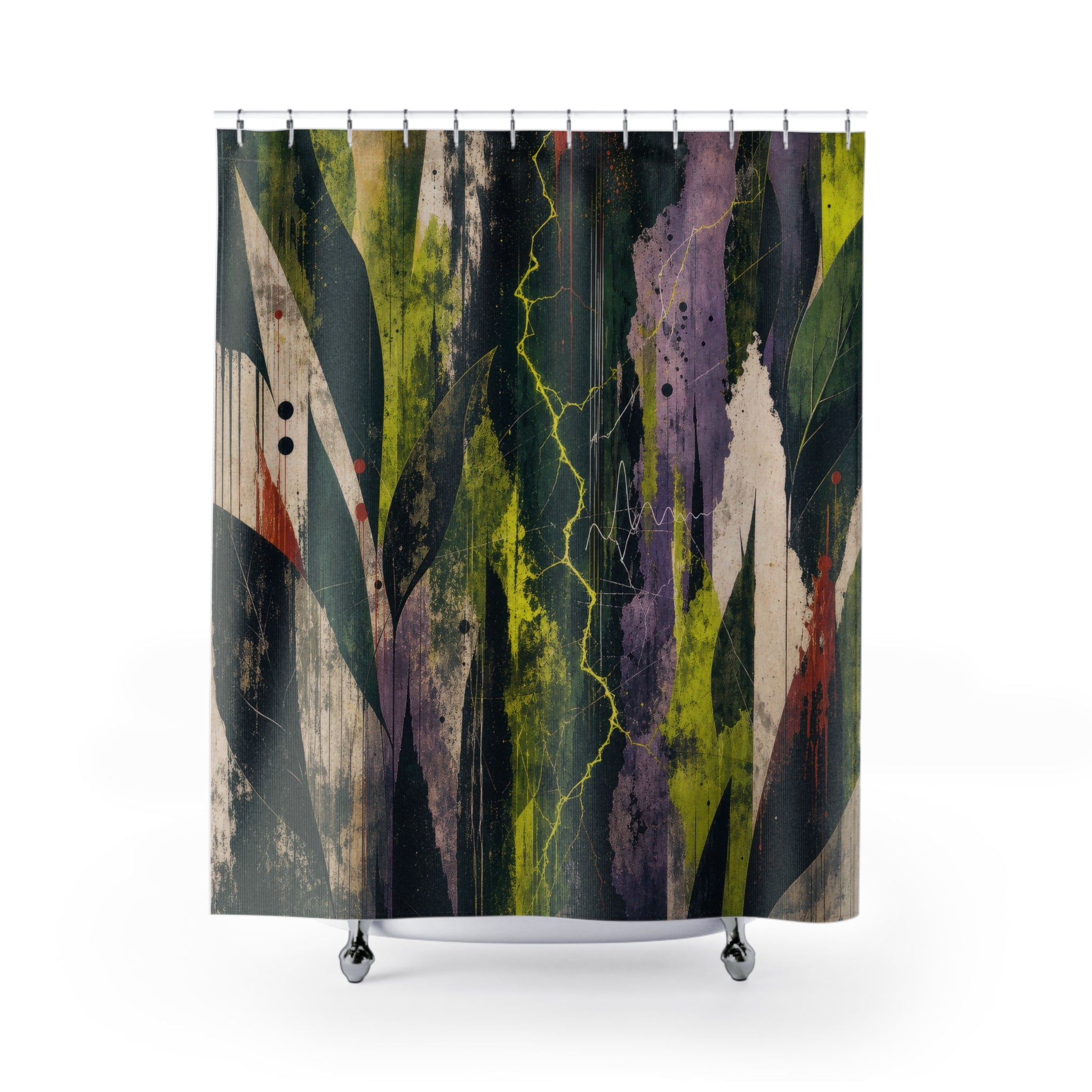 Green Botanical Shower Curtain, Dark Leaf Abstract Art, Purple Black Modern Bath Decor, Moody Nature Inspired Guest Bath, Bold Decor