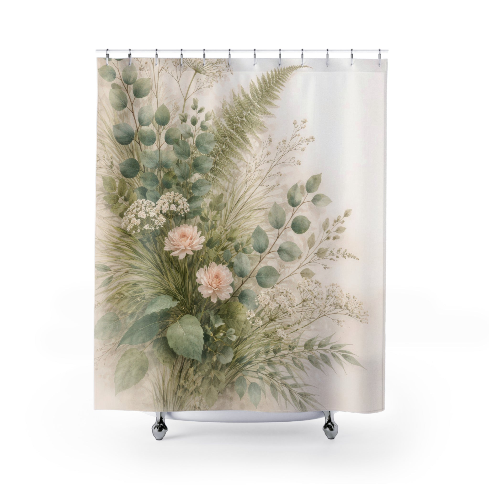 Botanical Rose Shower Curtain – Sage and Ivory