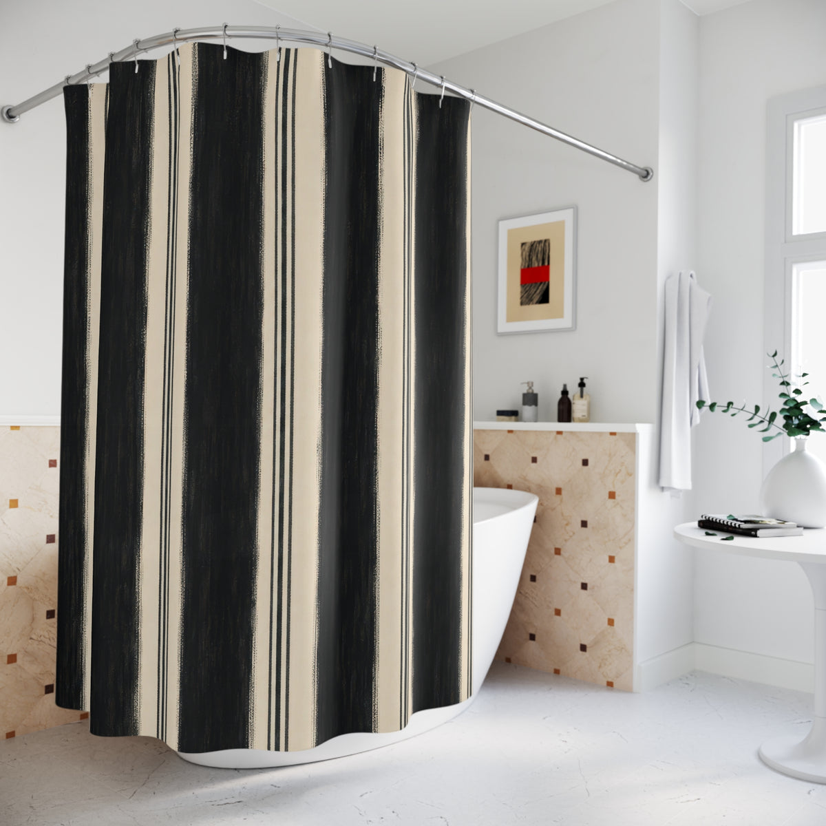 Ivory White Clean Vertical Stripe Shower Curtain