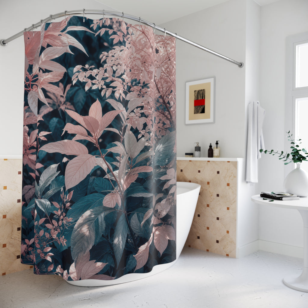 Pink Floral Shower Curtain, Dark Botanical Bath Decor, Rose Leaf Pattern, Moody Guest Bathroom Decor, Teal Garden Style, Rose Garden Style