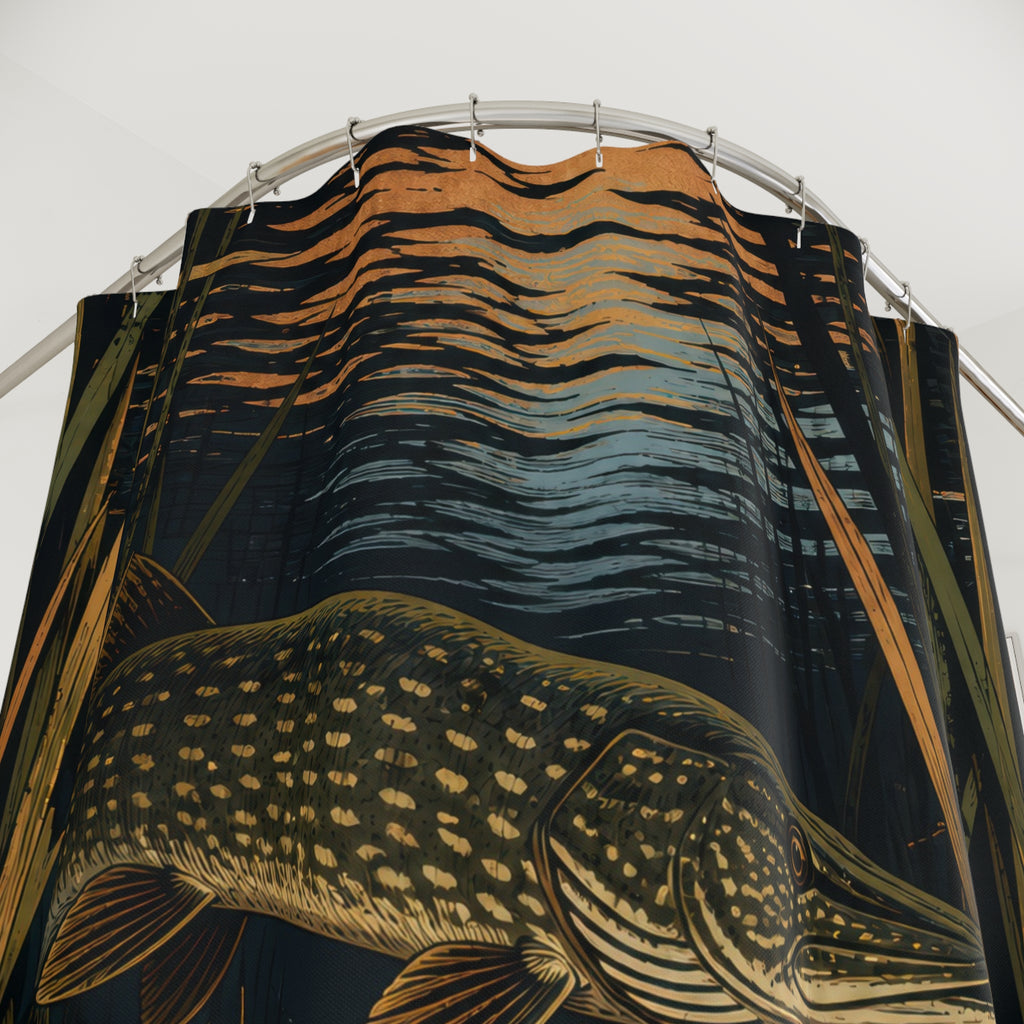 Northern pike among dark reeds and copper reflections shower curtain with close-up print, hooks, and folds